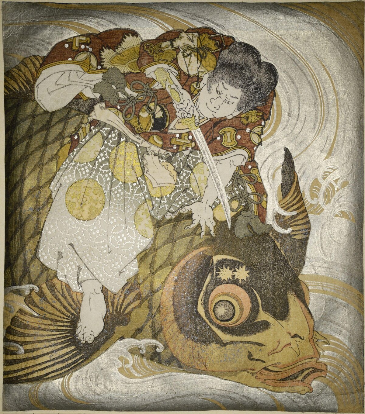Japanese Ukiyo-e: Samurai and Giant Carp