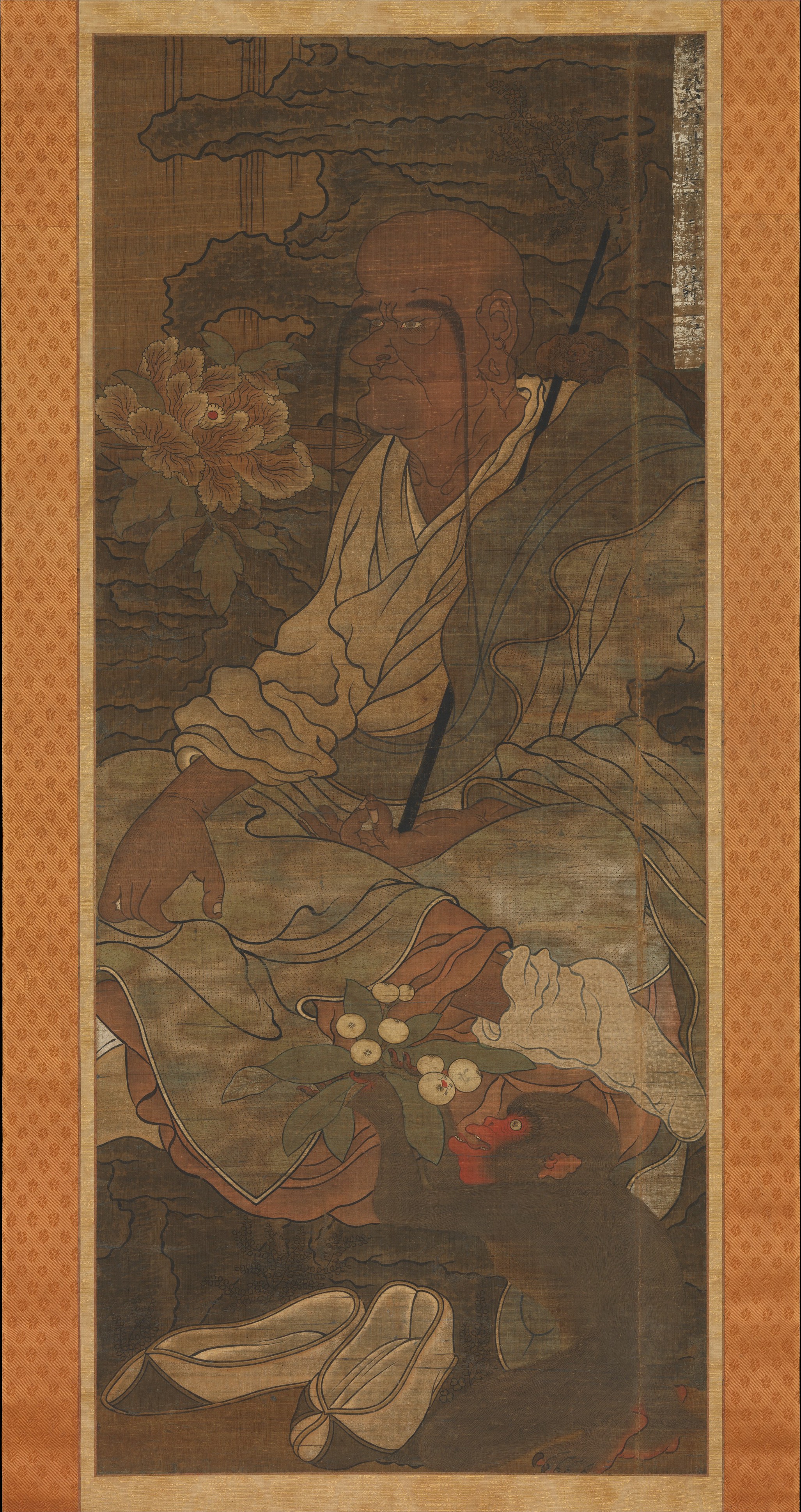 Ancient Arhat Painting with Monkey