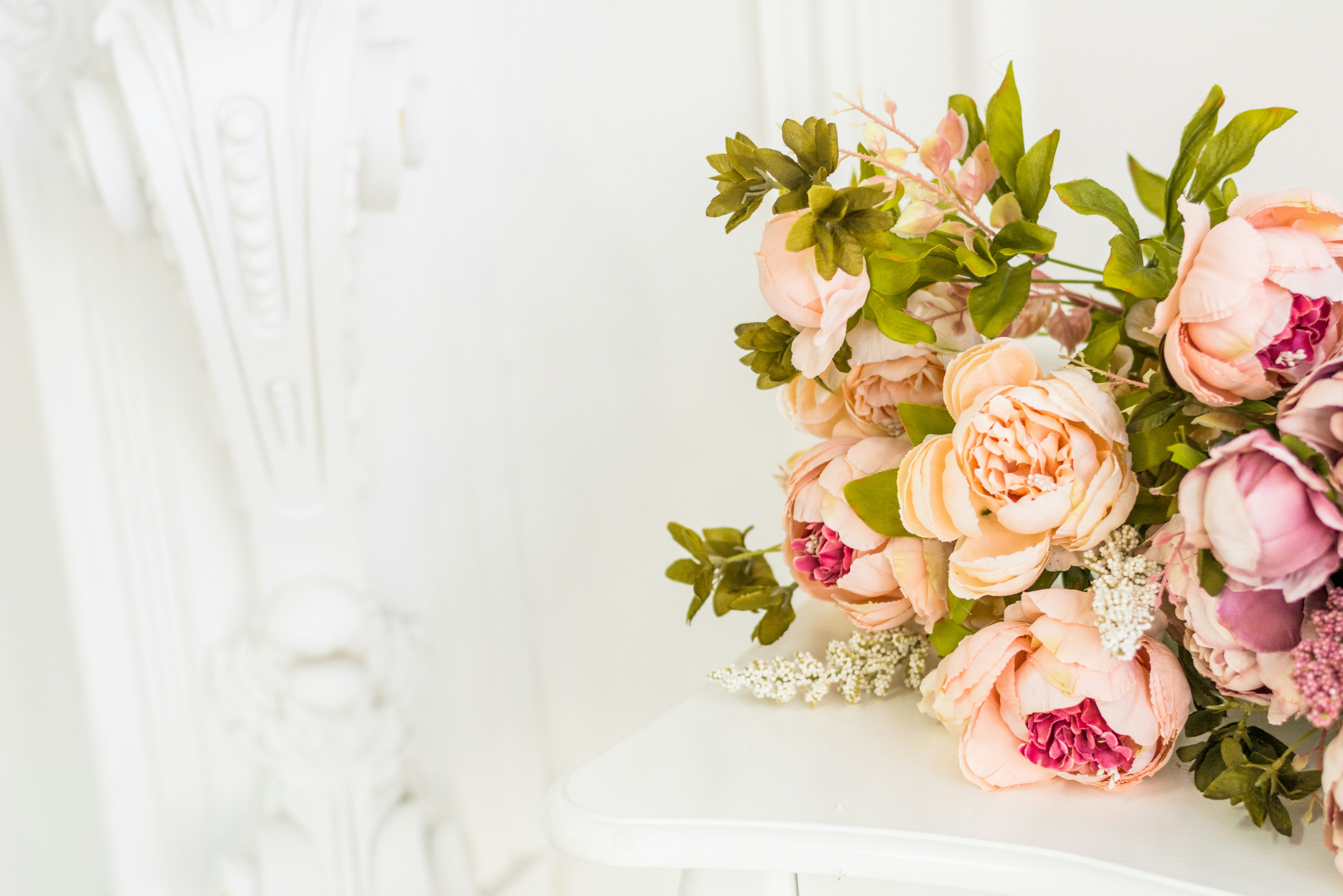 Pink Peony Flower Bouquet on White Mantel
