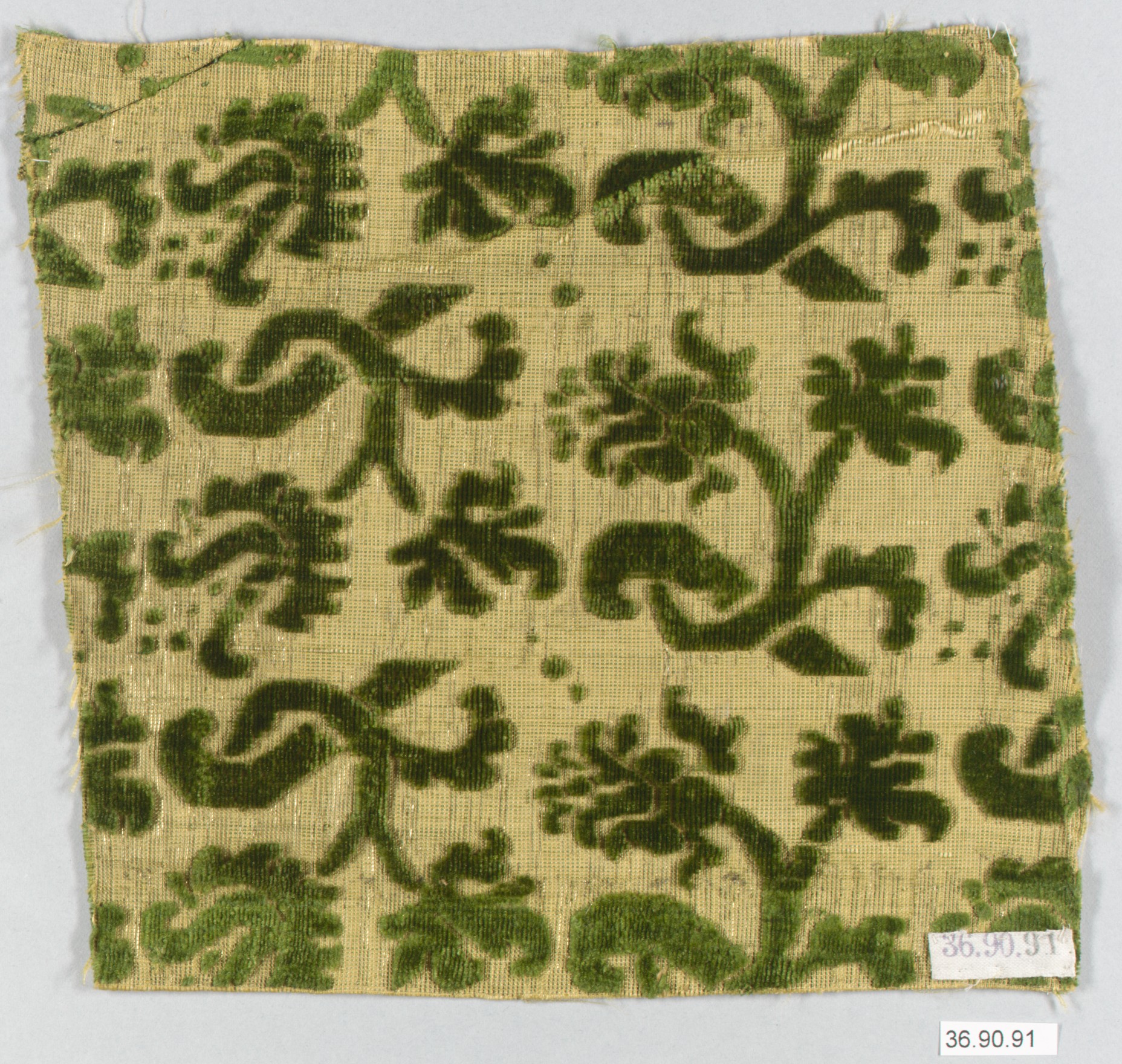 Antique Green Floral Velvet Textile Fragment