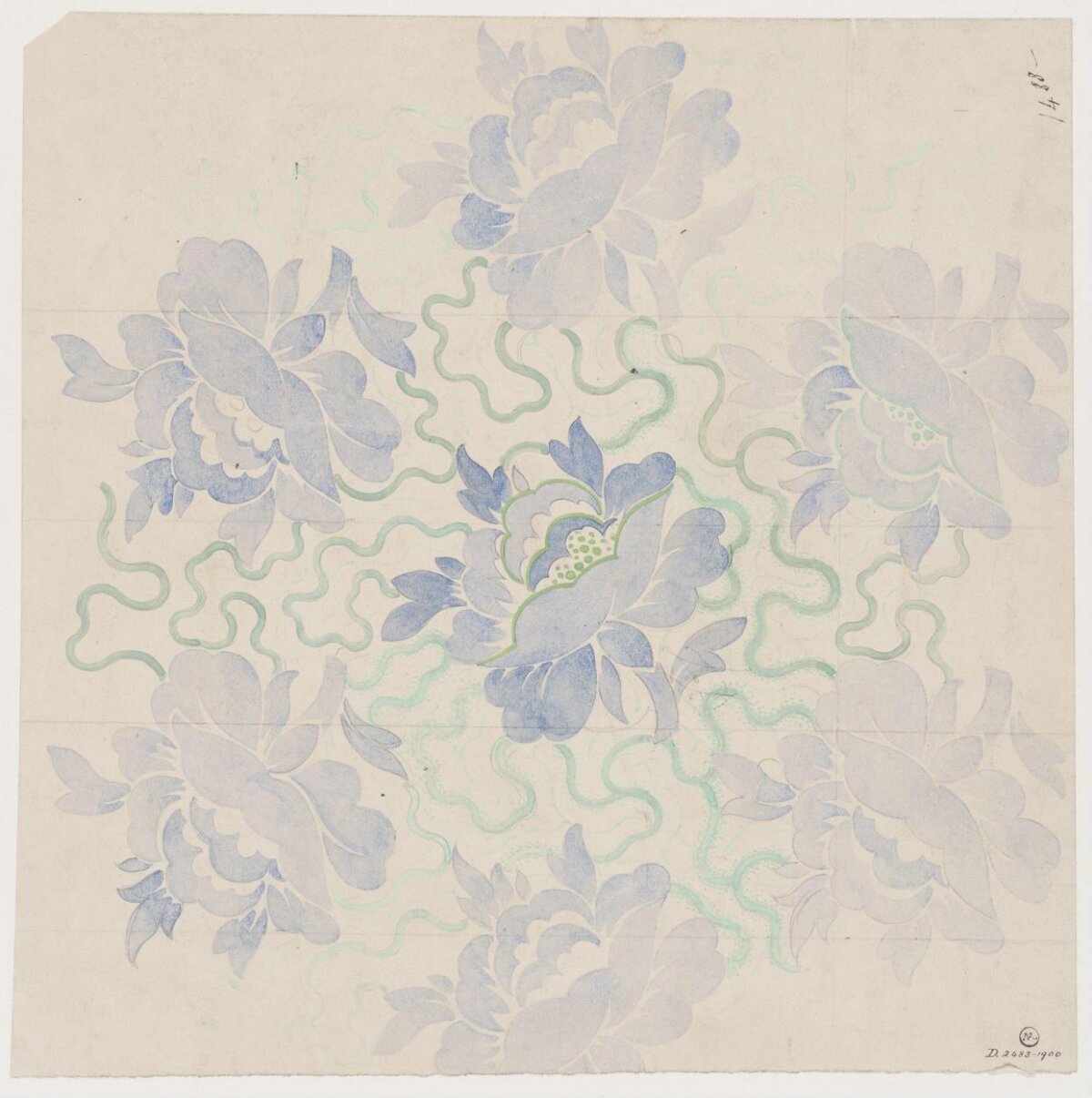 Watercolor Blue Peony Pattern Sketch