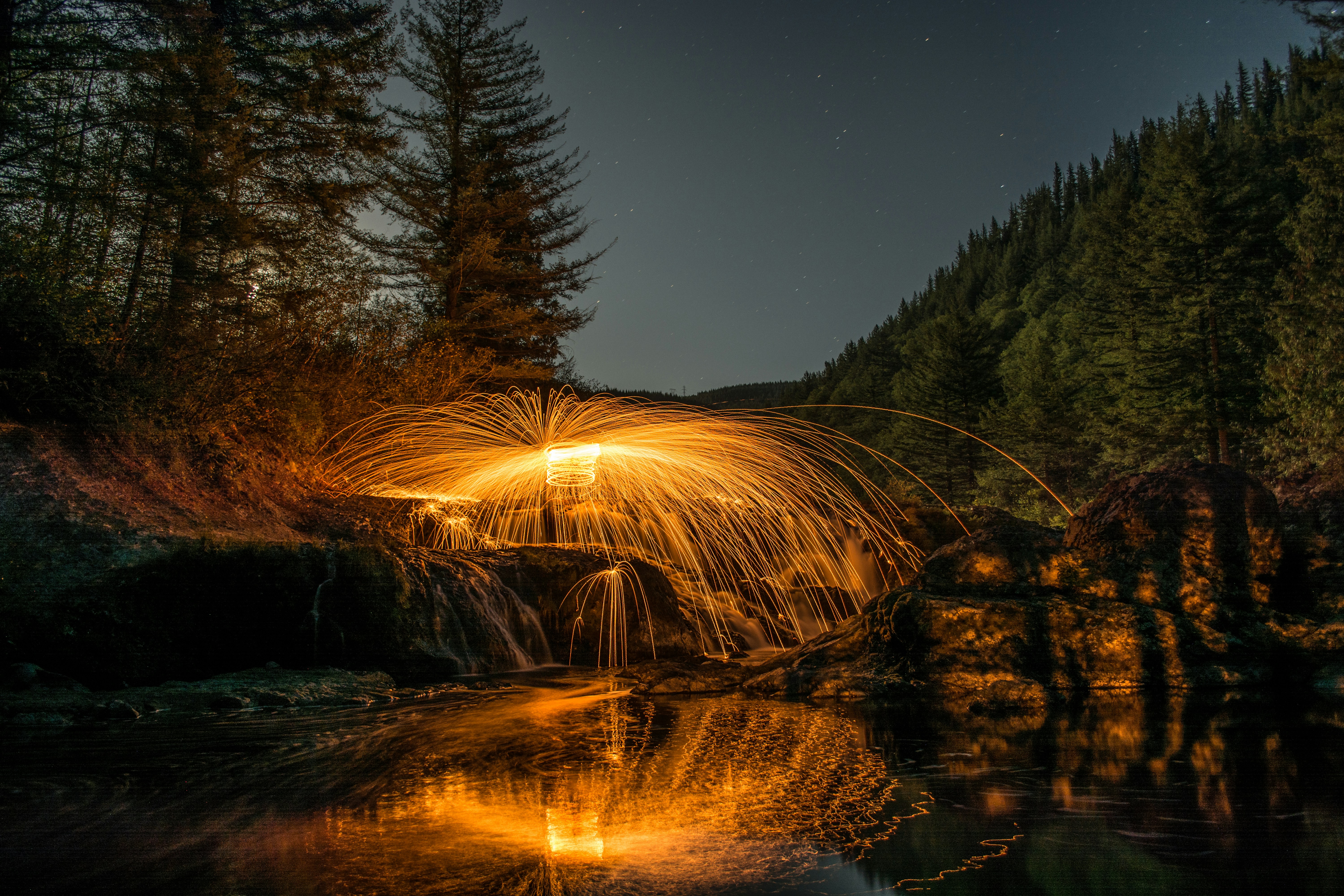 Night Steel Wool Light Trails by Waterfall