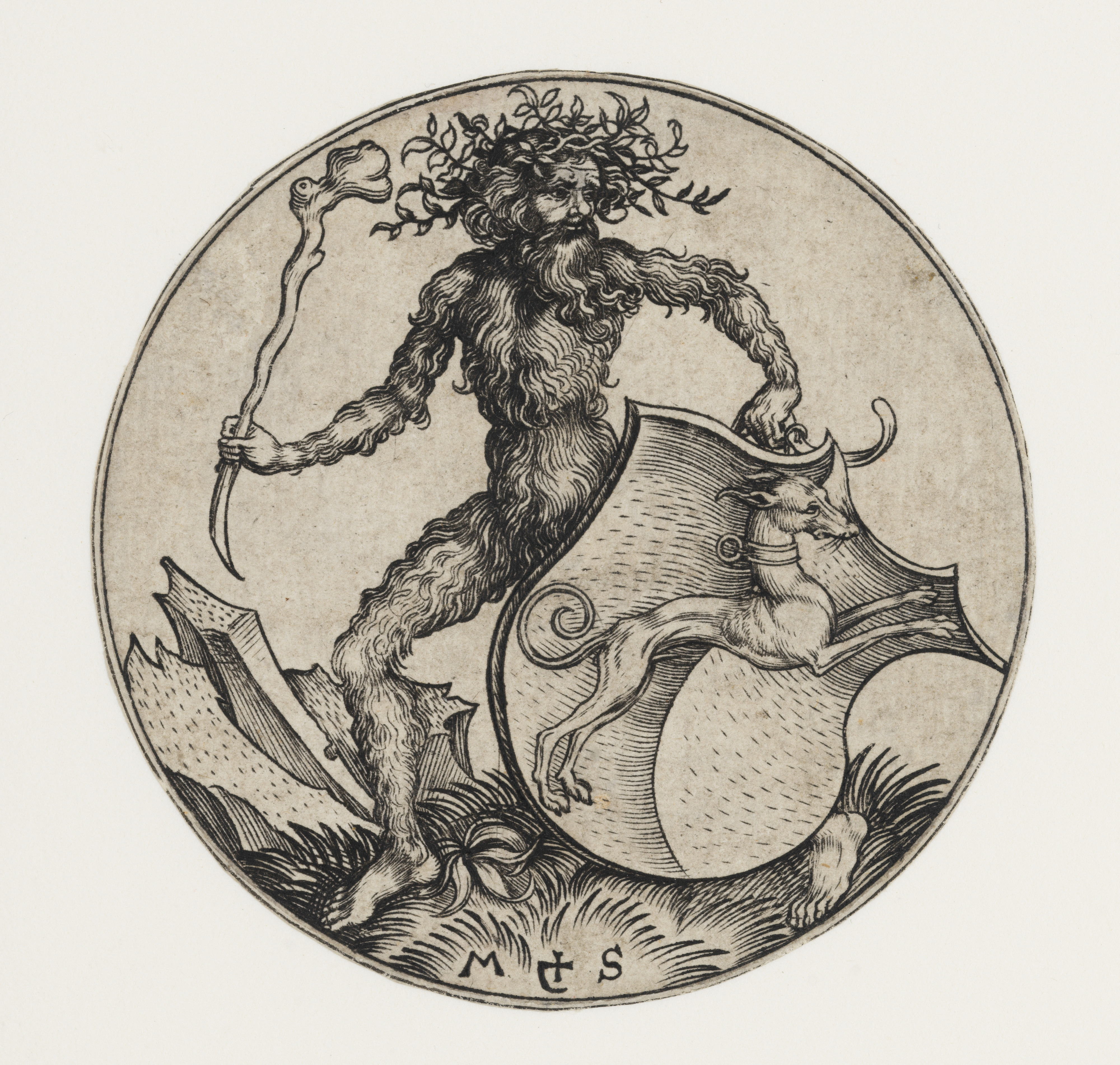 Round Engraving of Wild Man with Shield
