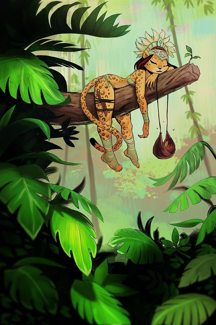 Sleeping Jaguar Girl in Jungle