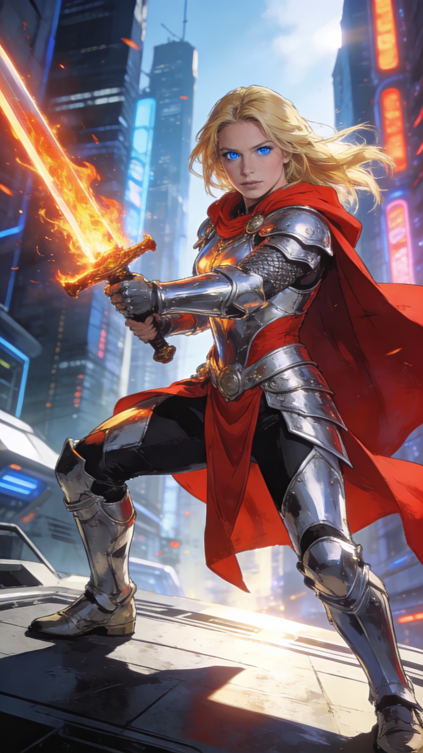 Female Knight with Flaming Sword in Cyber City