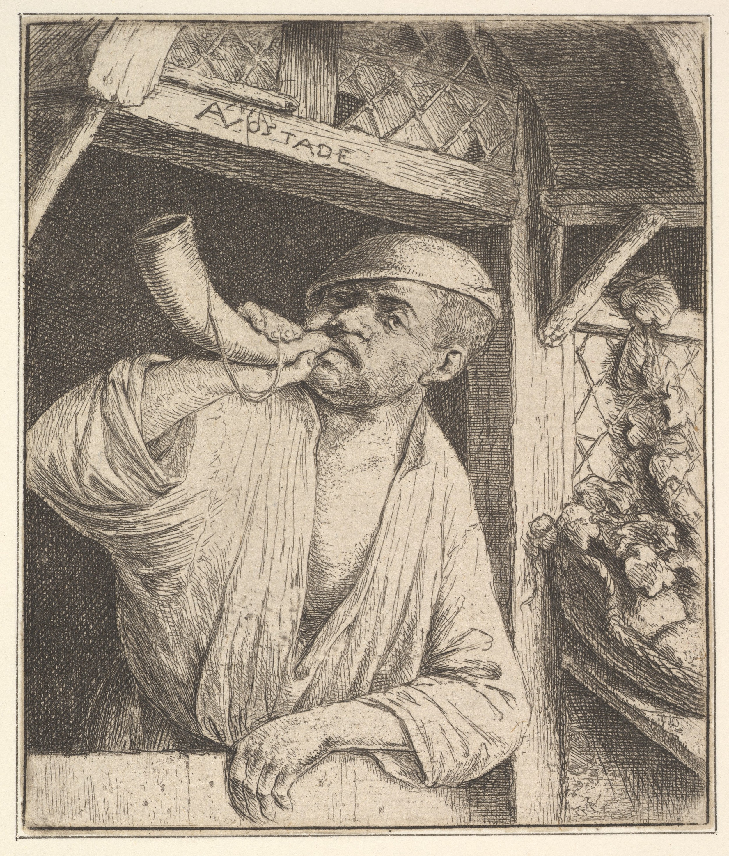 Etching of Man Smoking Pipe