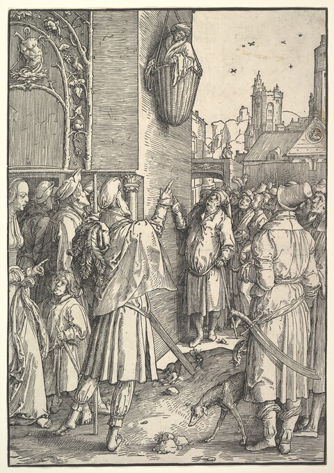 Crowd Observes Man Hanging in Basket