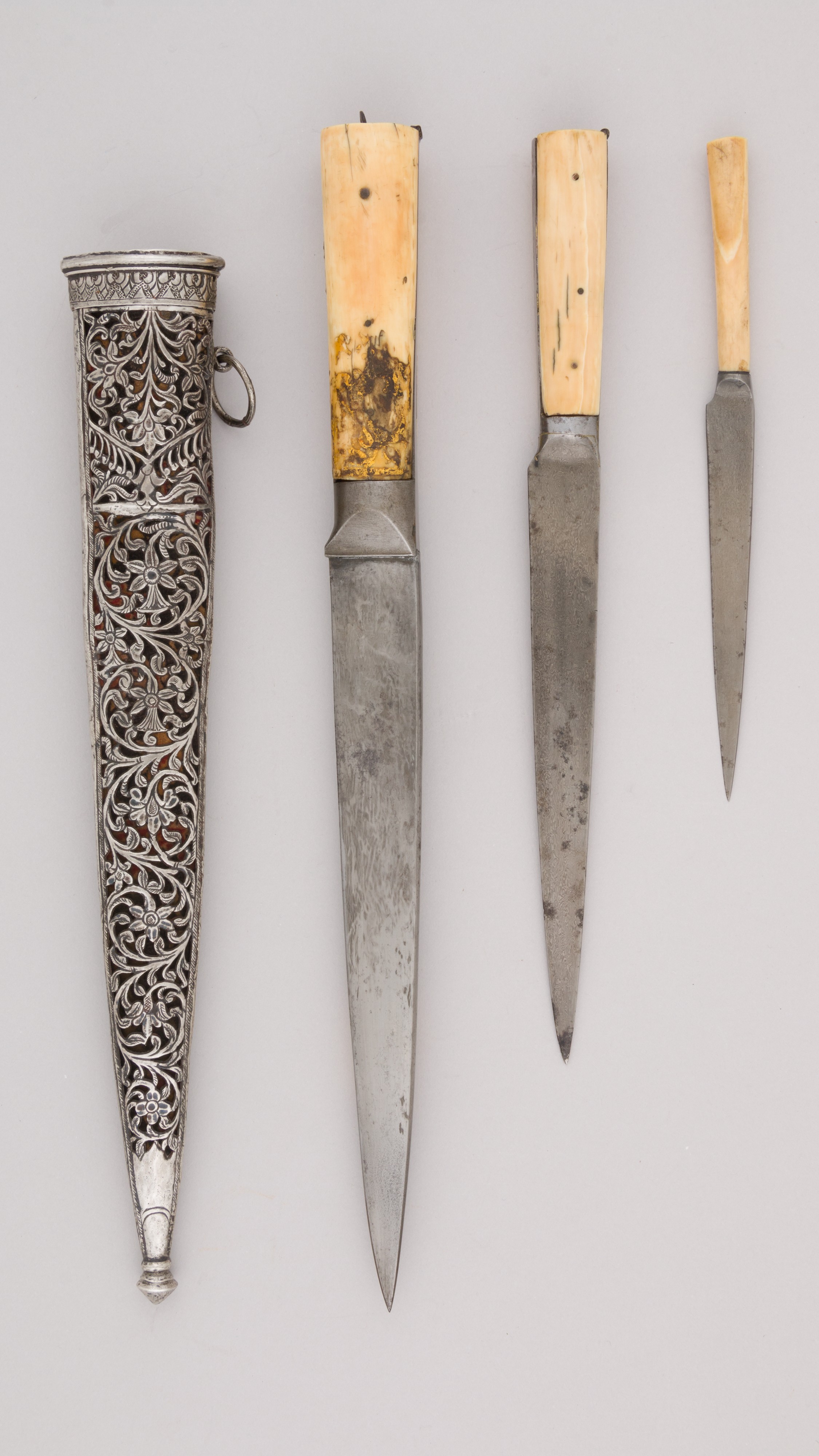 Three Antique Knives with Decorated Scabbard