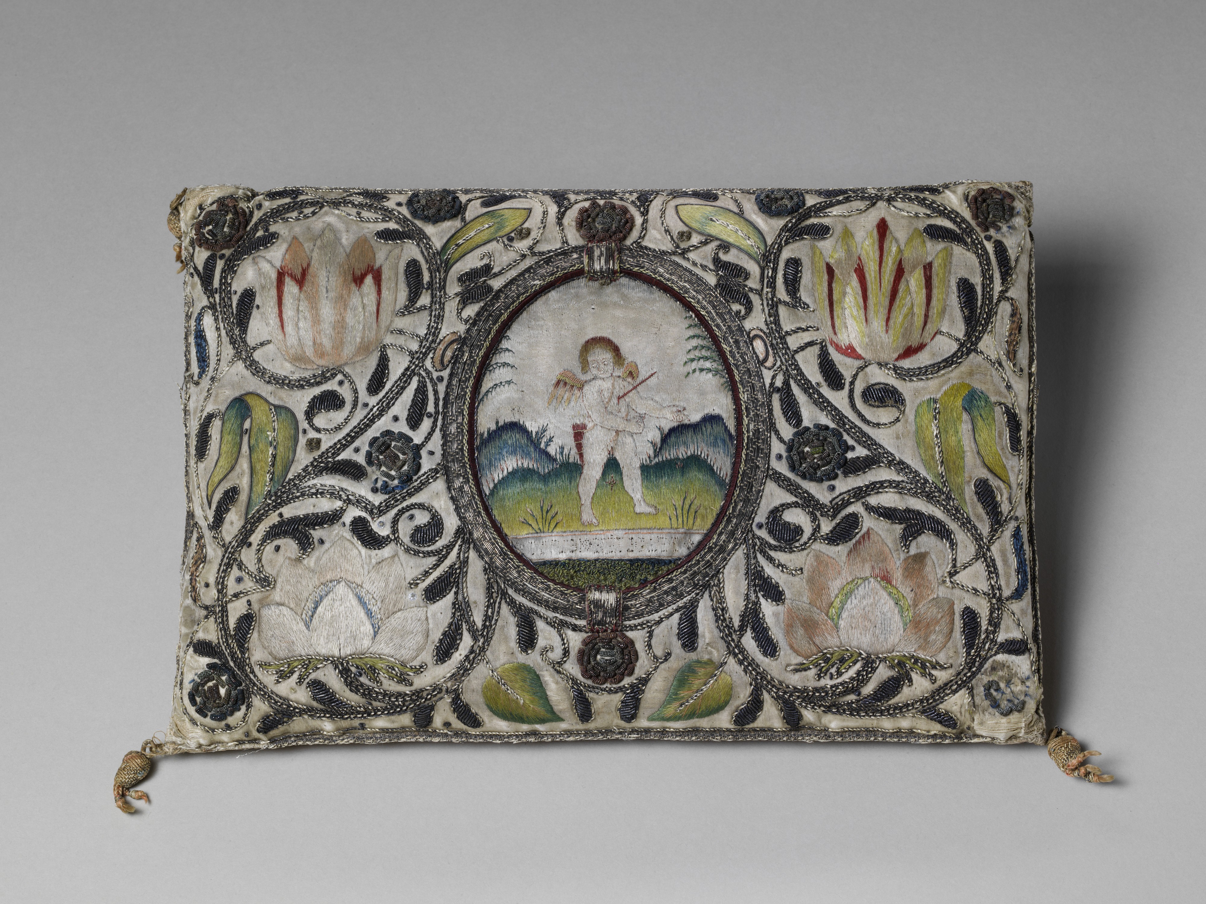 Antique Embroidered Cupid Cushion