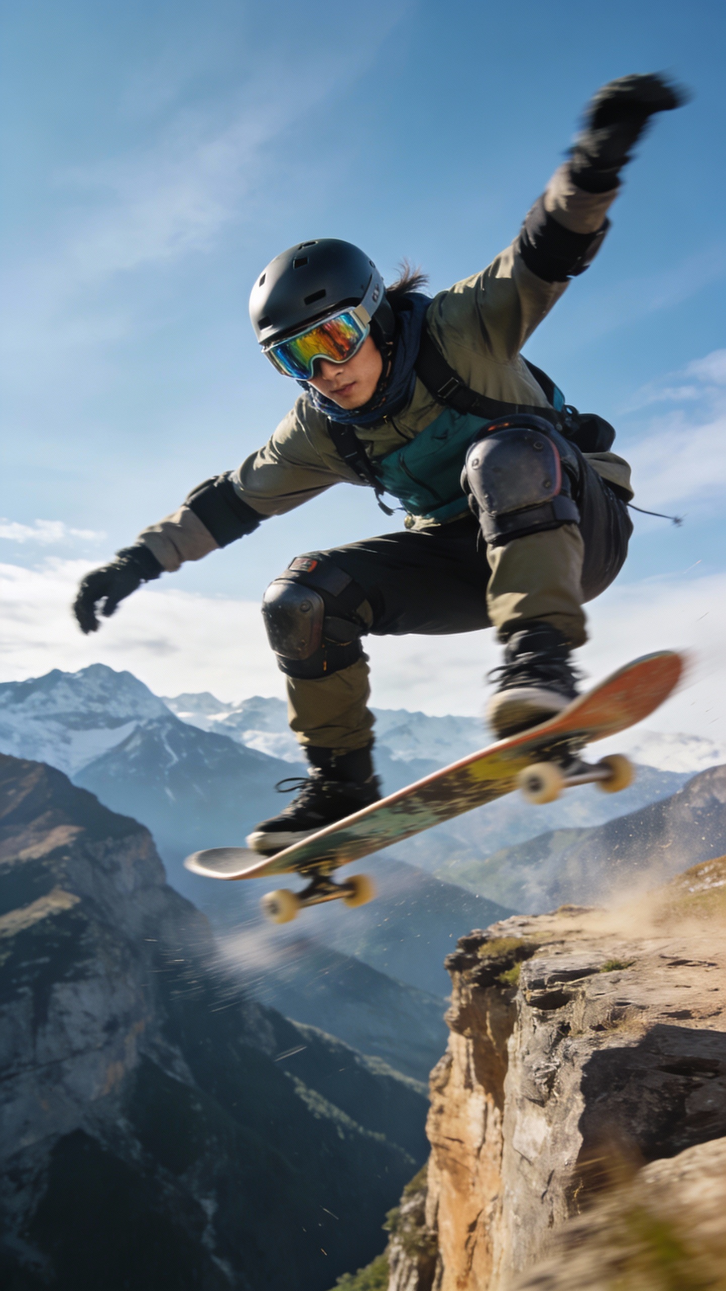 Longboarder Mid-Air Jump Over Mountain Cliff