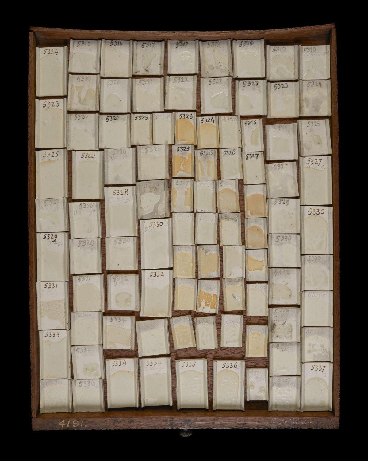 Numbered Ceramic Test Tiles in Wooden Box