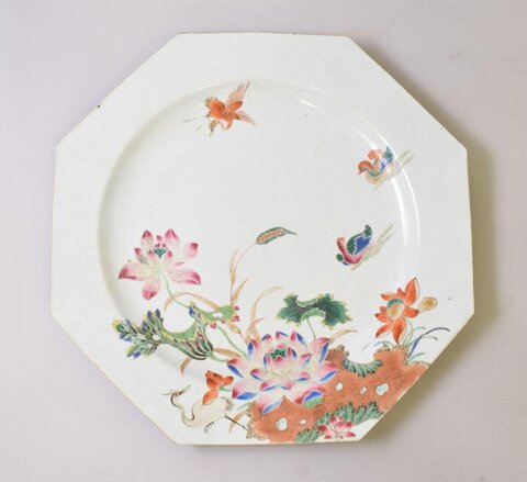 Octagonal Porcelain Plate with Lotus Bird Design