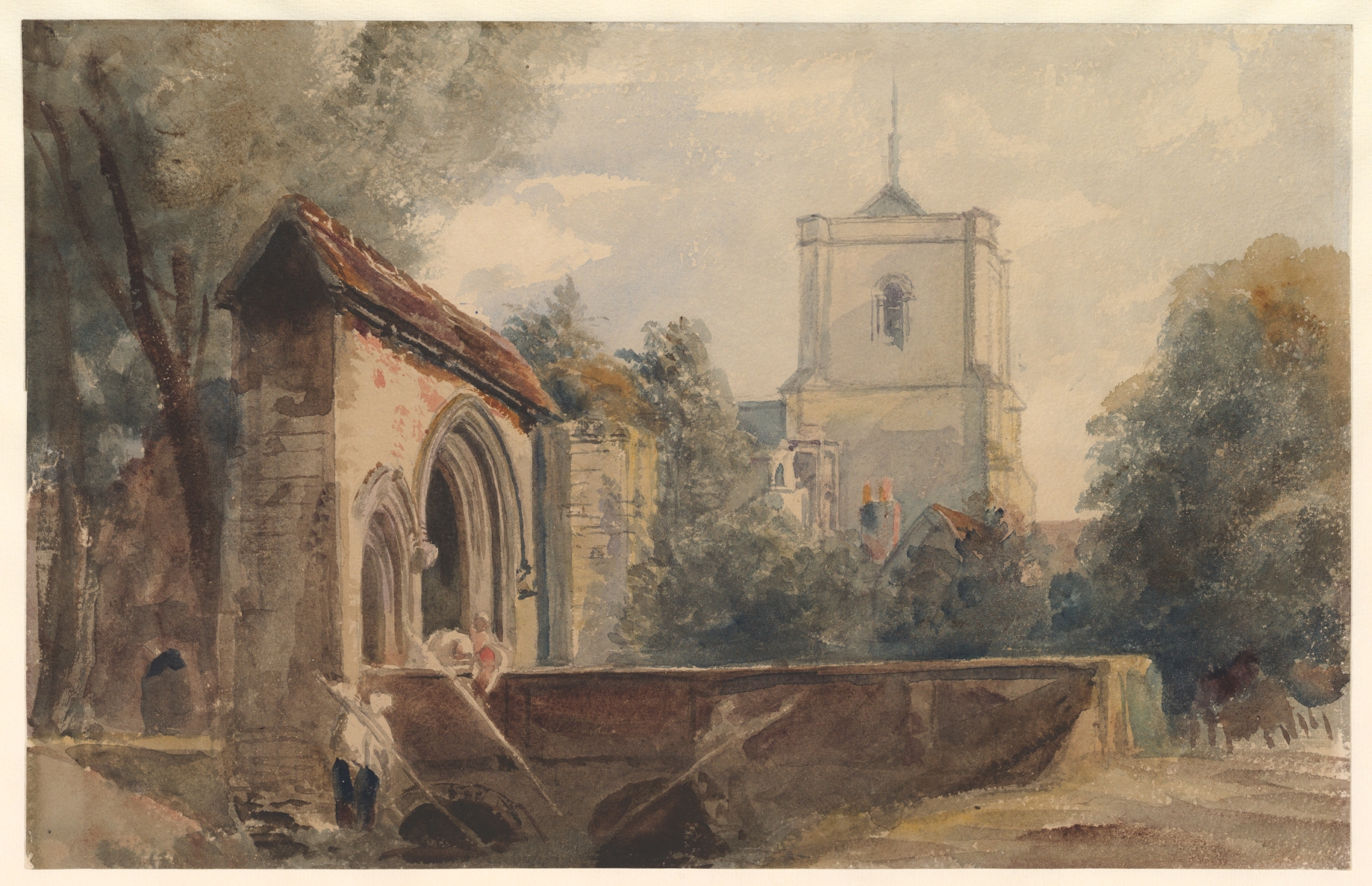 Watercolor of Church Ruin and Bell Tower