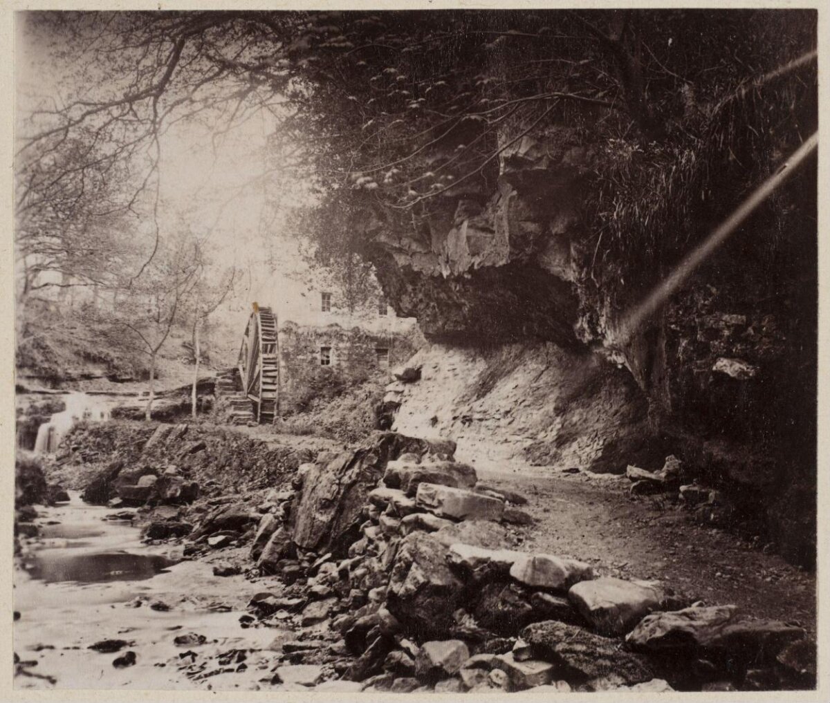 Vintage Watermill by Cliffside Stream