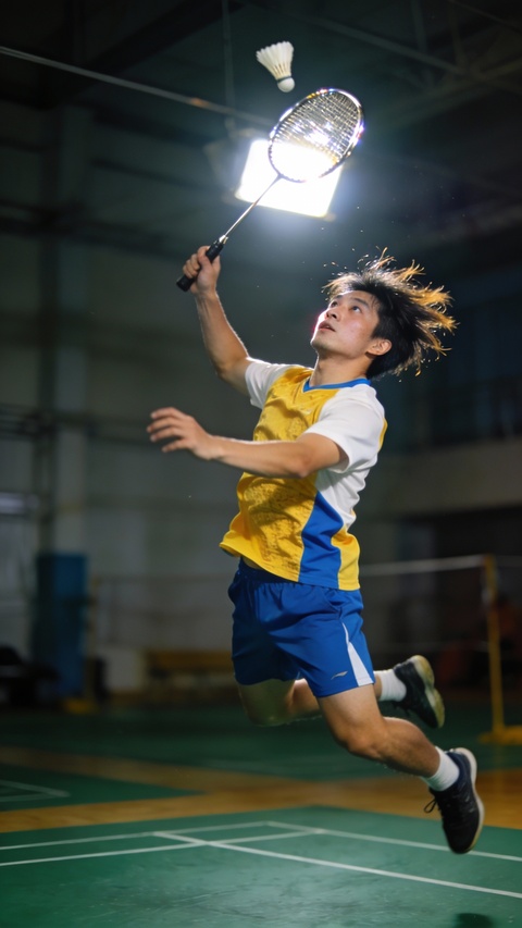 Badminton Player Jumping to Smash