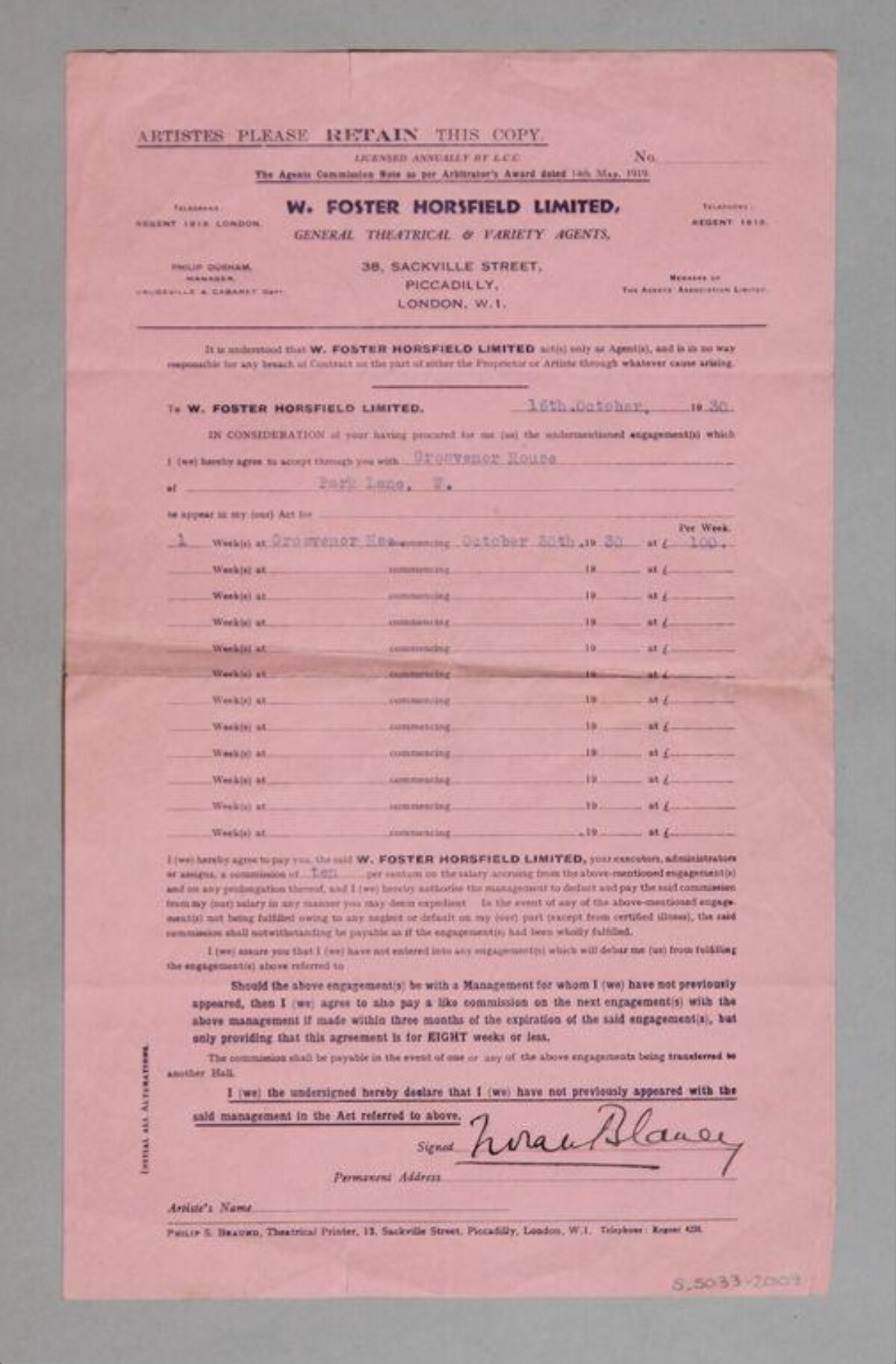 1930 Theatrical Artist Engagement Contract