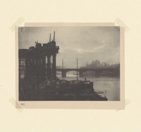 Monochrome Riverside Construction Scene