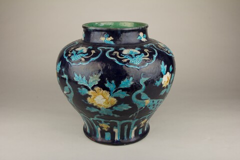 Black Ground Enamel Peacock Floral Jar
