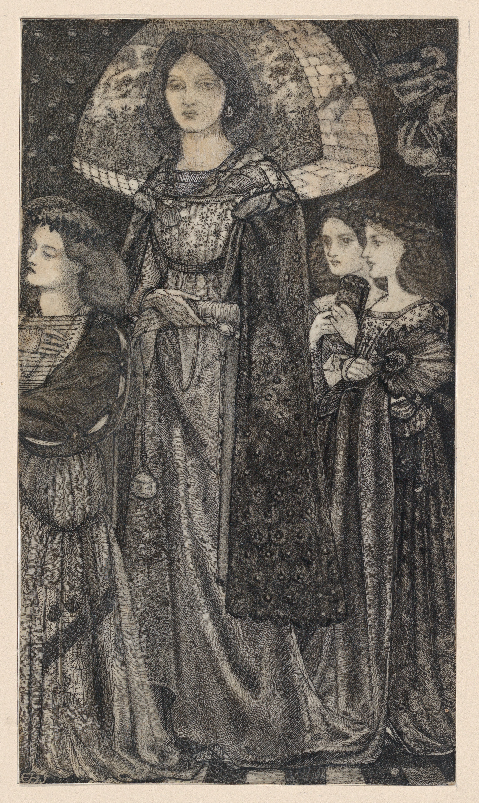 Drawing of Four Women in Historical Dress