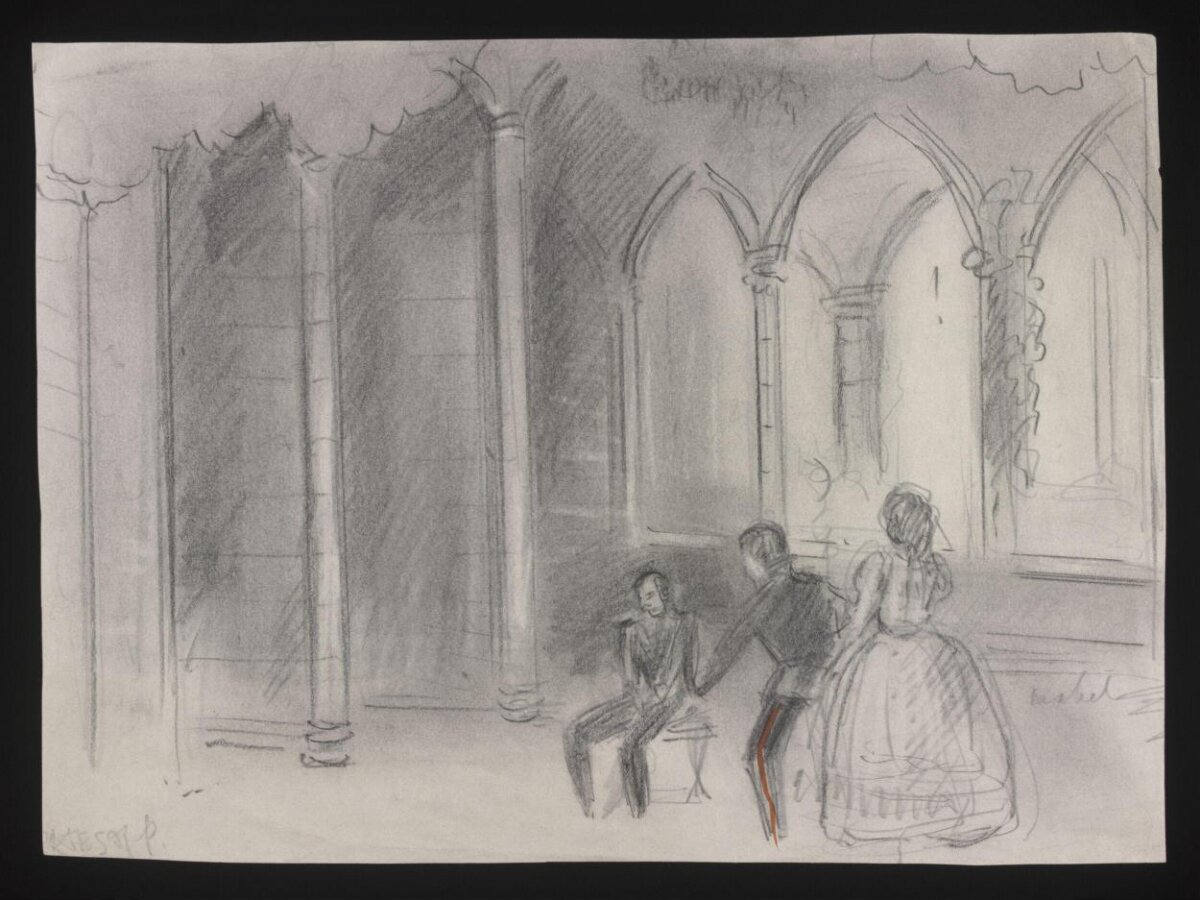Pencil Sketch of Three People in Cloister
