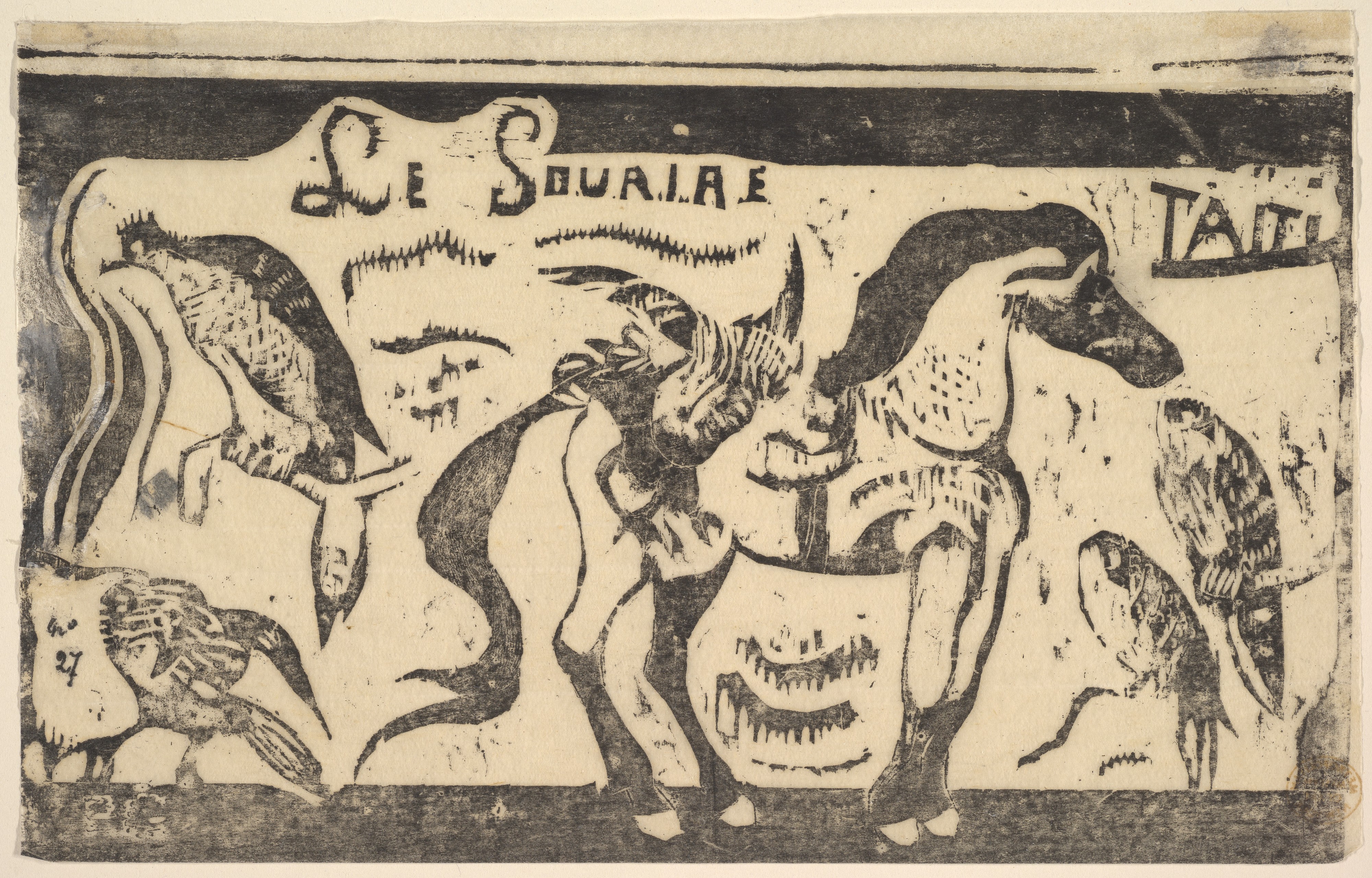 Black and White Woodcut of Two Fighting Rhinos