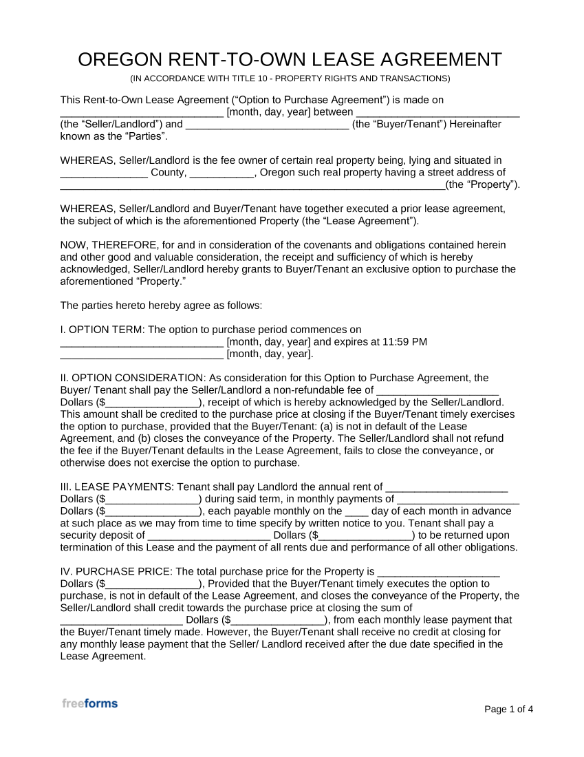 Oregon Rent to Own Lease Agreement Template