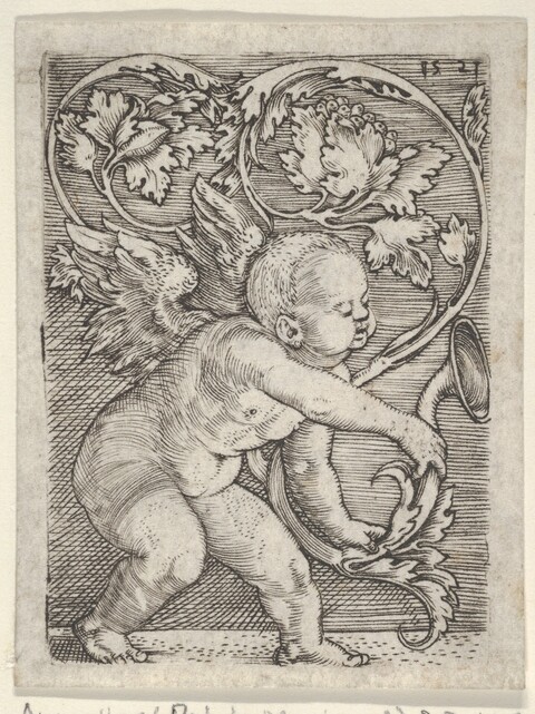 1521 Engraving of Winged Putto with Foliage
