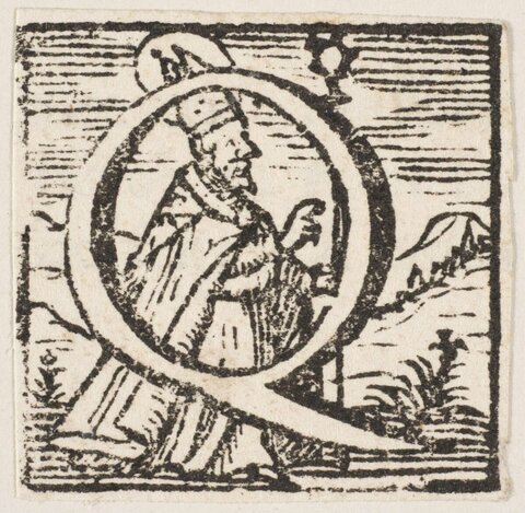 Woodcut Decorated Initial Q with Saint