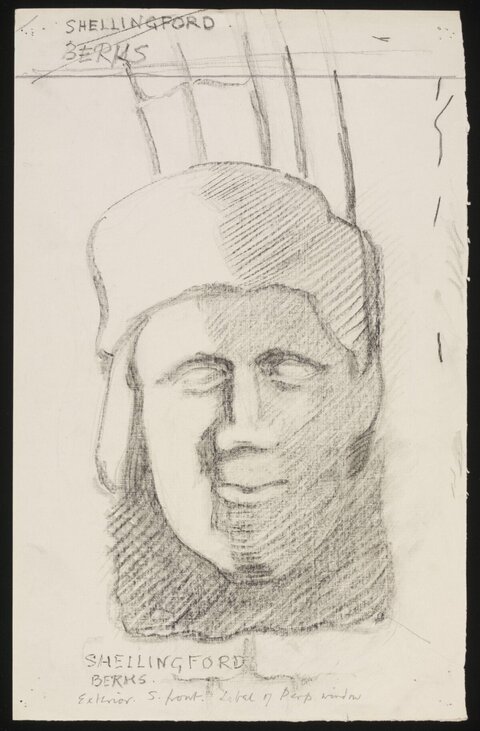 Pencil Sketch of Carved Head at Shellingford