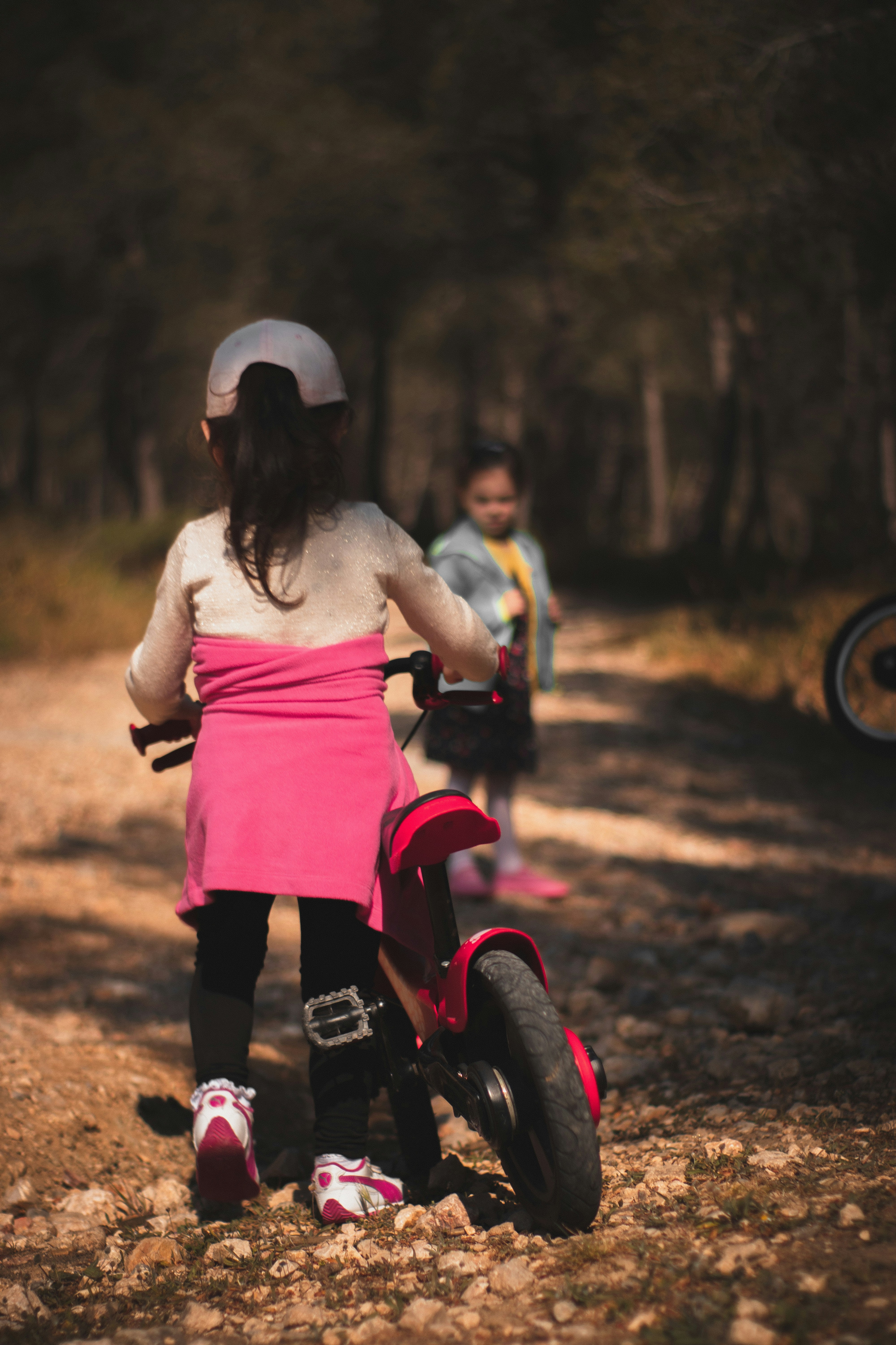 Two Girls with Bikes on Forest Path