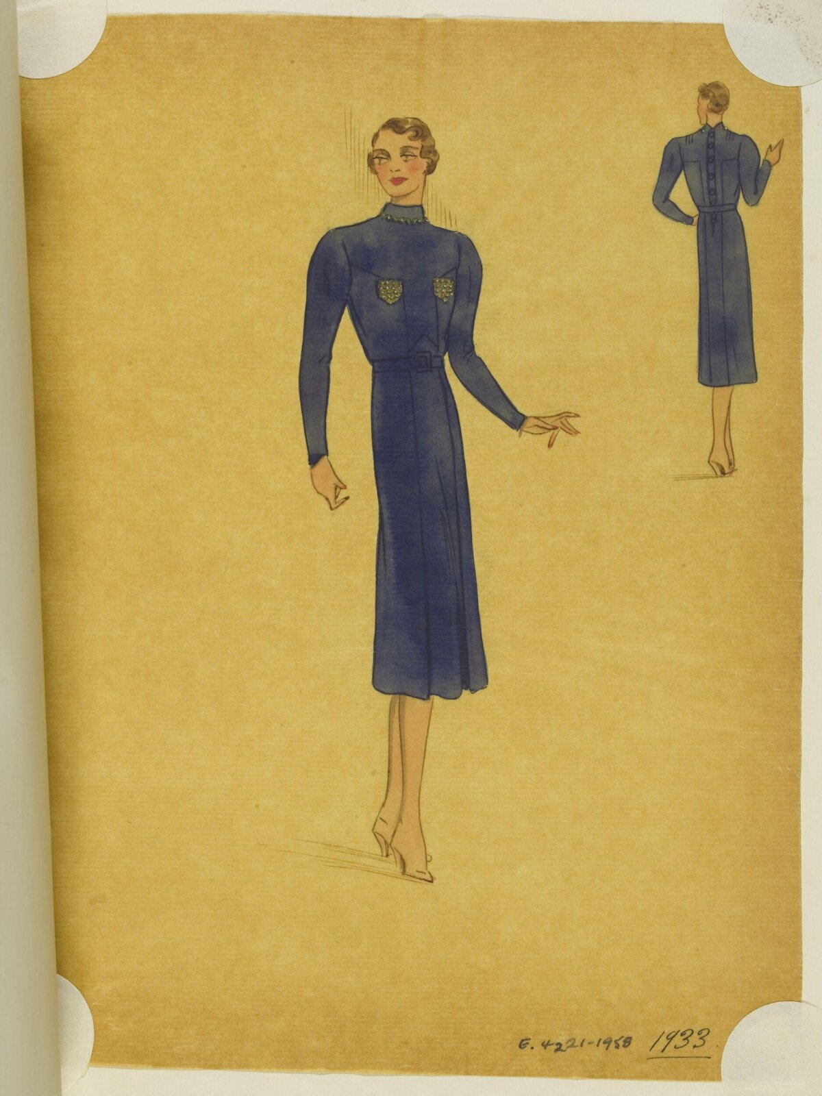 1933 Blue Dress Fashion Sketch