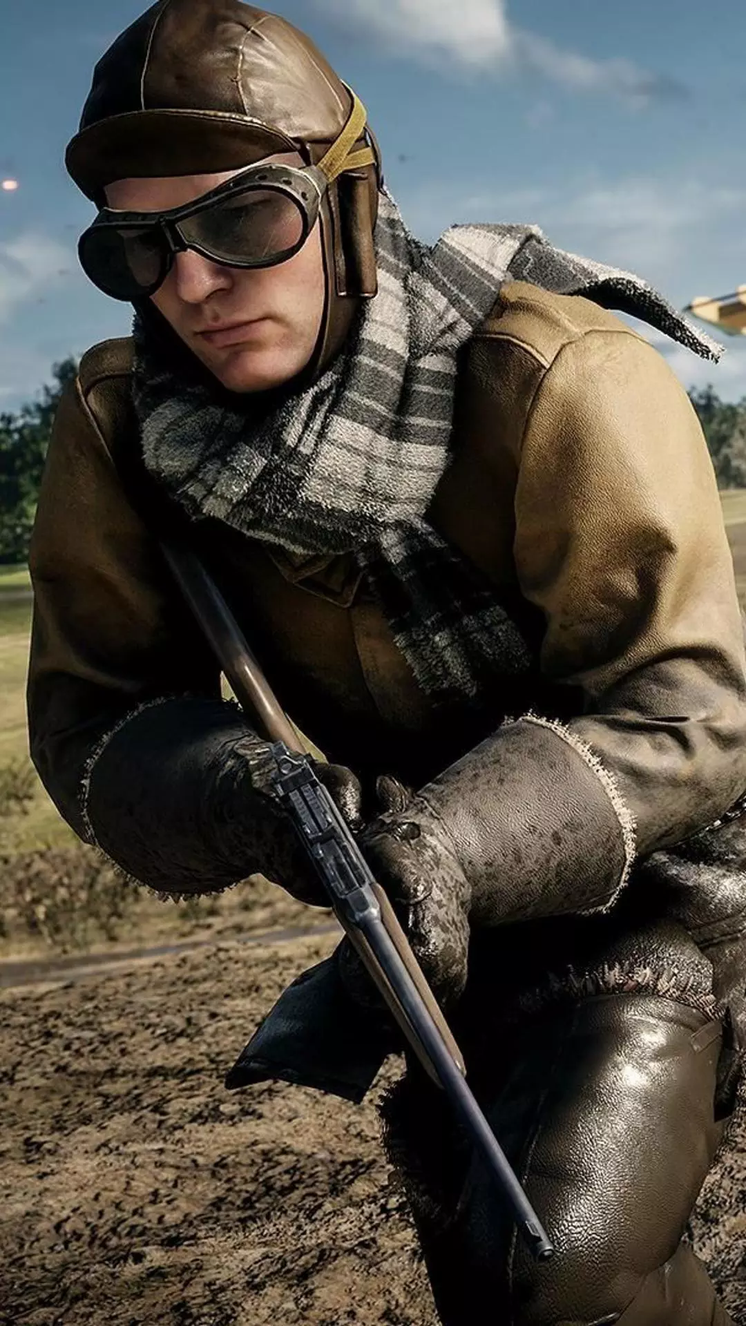 Crouching Wartime Pilot Holding Rifle