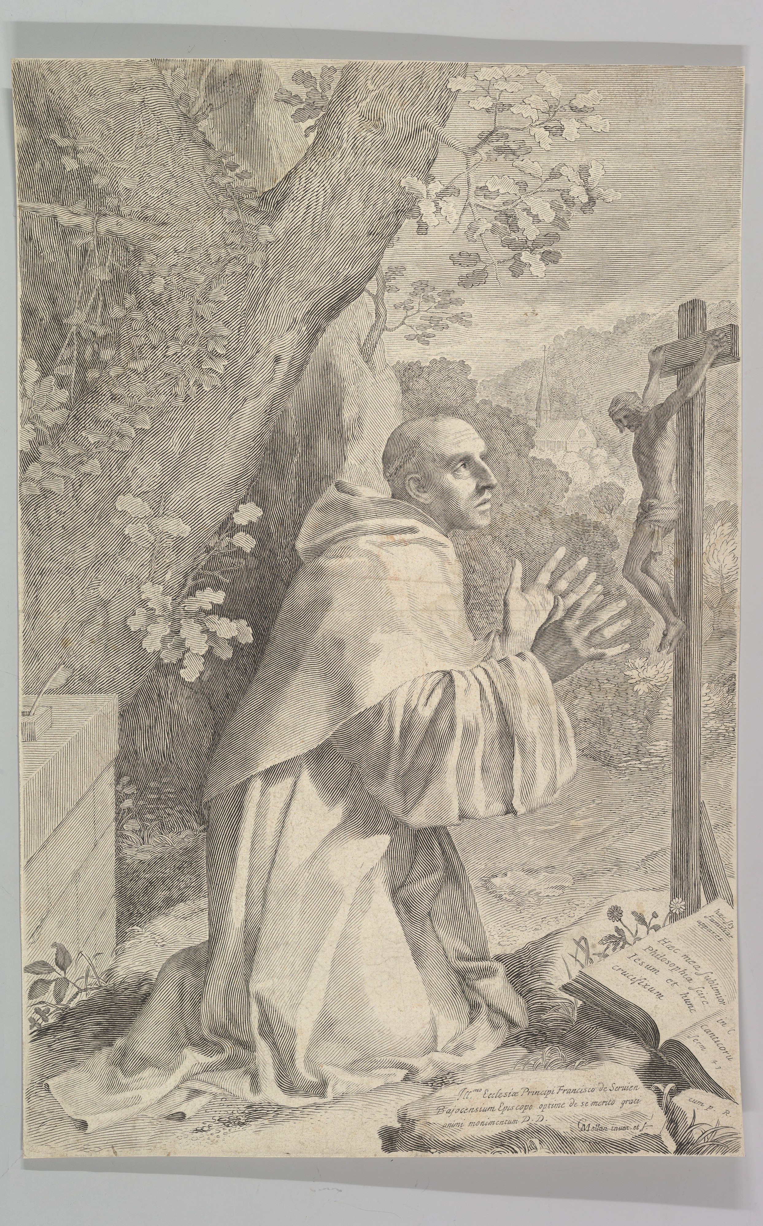 Kneeling Monk Praying Before Crucifix