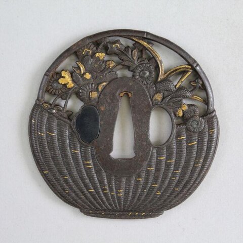 Iron Flower Basket Carved Tsuba