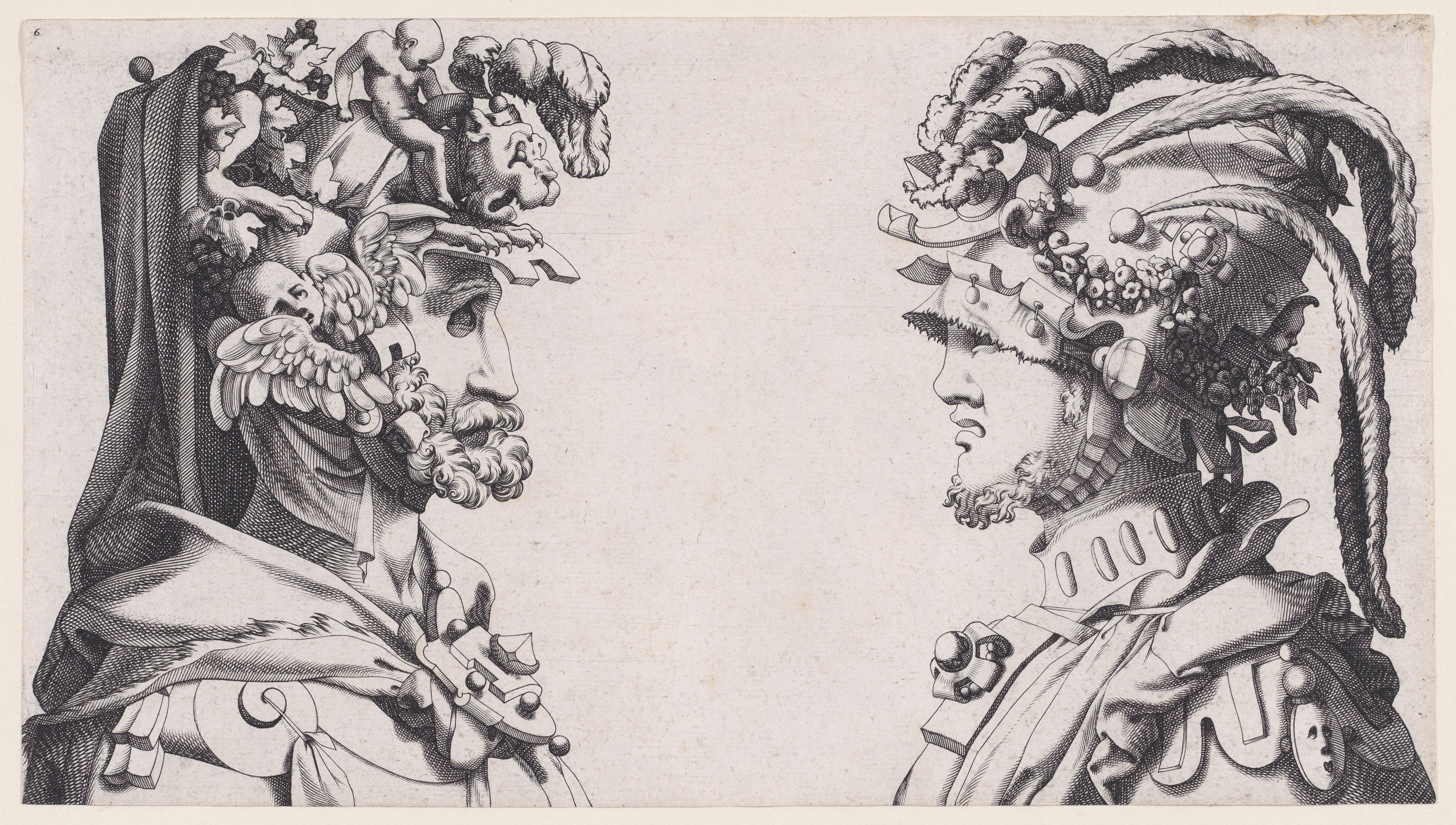 Two Helmeted Profile Busts Engraving