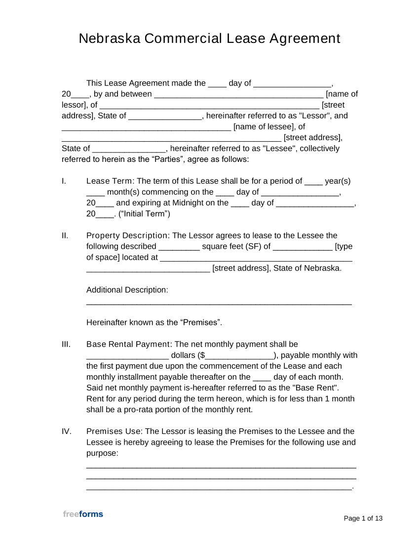 Nebraska Commercial Lease Agreement Template
