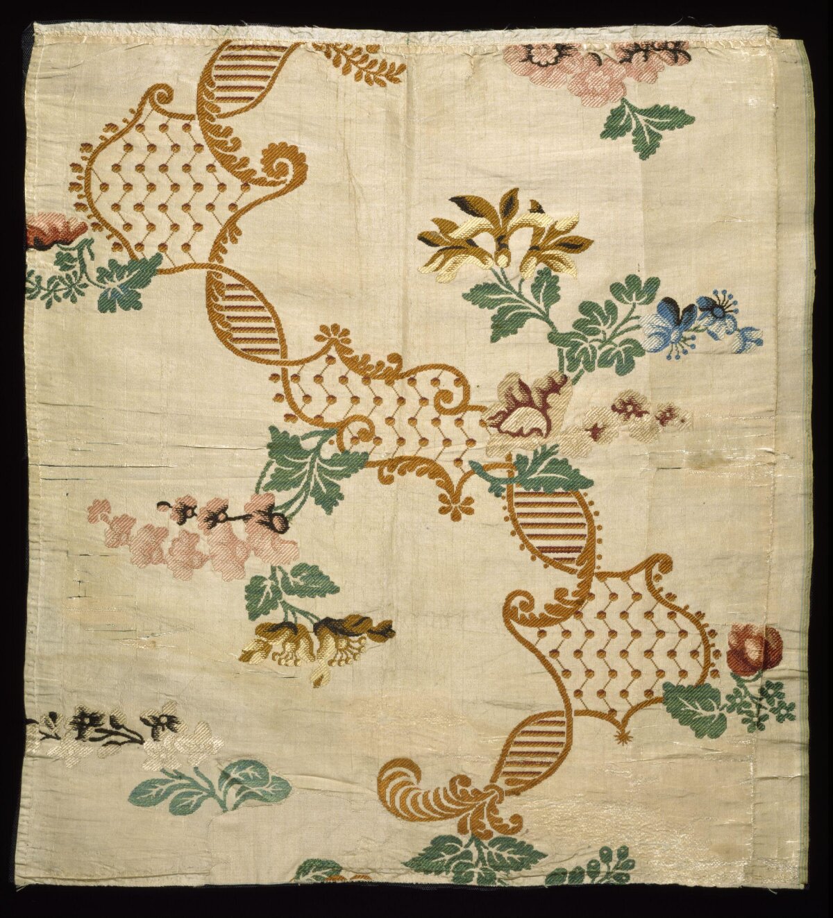 Antique Floral Woven Silk Textile Fragment