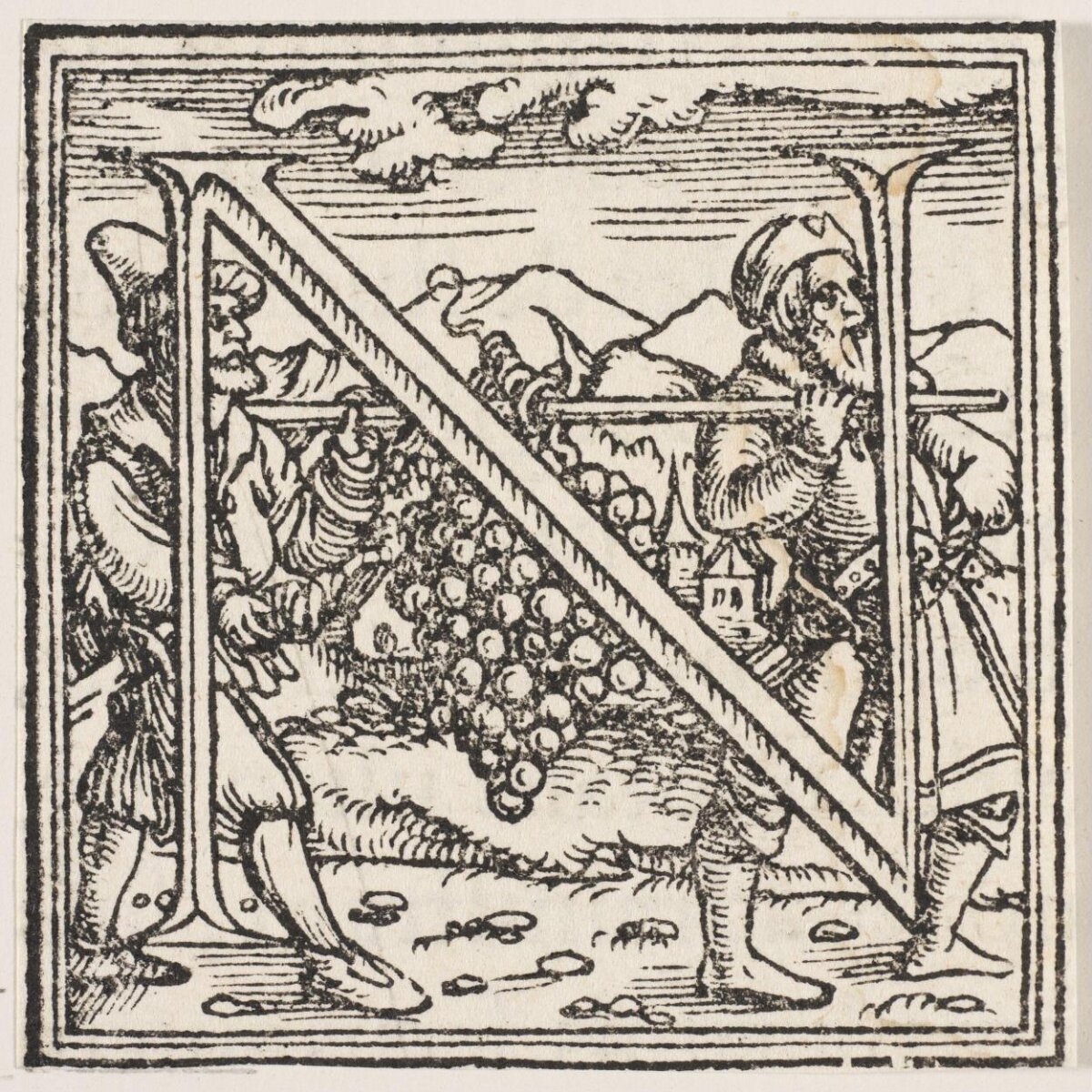 Woodcut Initial N with Grape Carriers