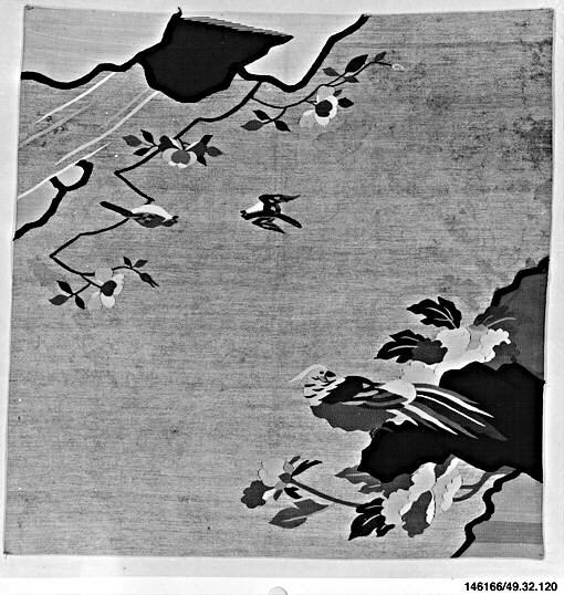 Black and White Bird Floral Textile Fragment