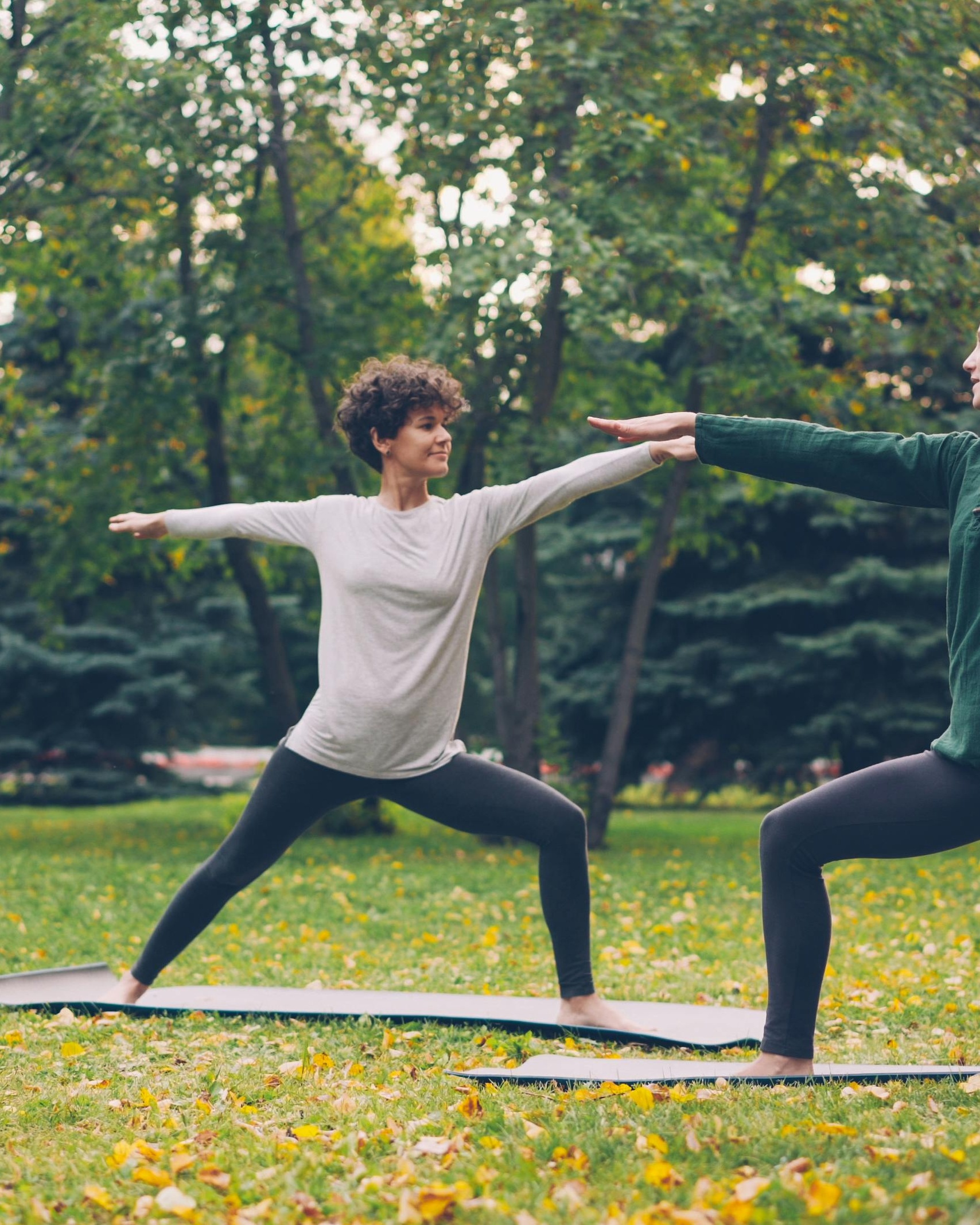 Two People Practicing Yoga in Park
