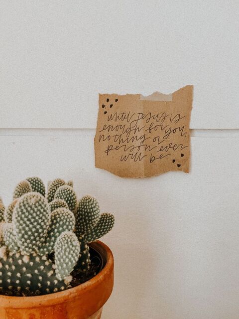 Potted Cactus and Handwritten Christian Quote