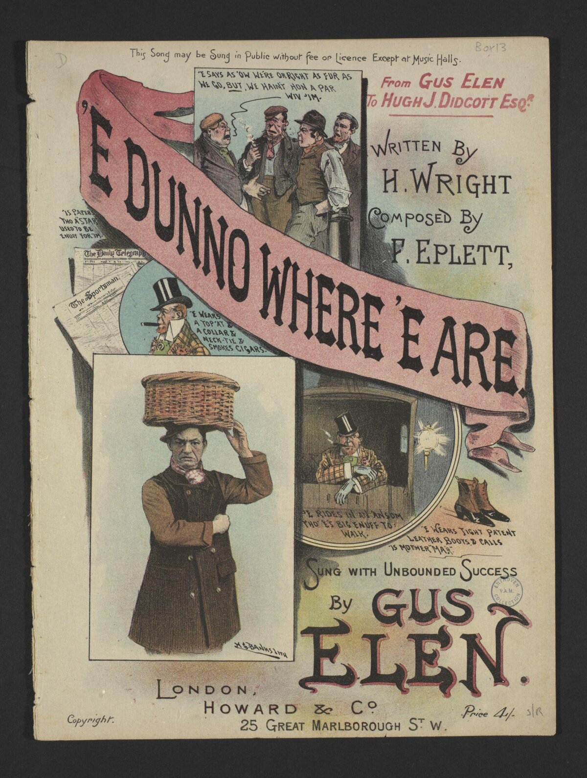 Vintage Sheet Music Cover for 'E Dunno Where 'E Are