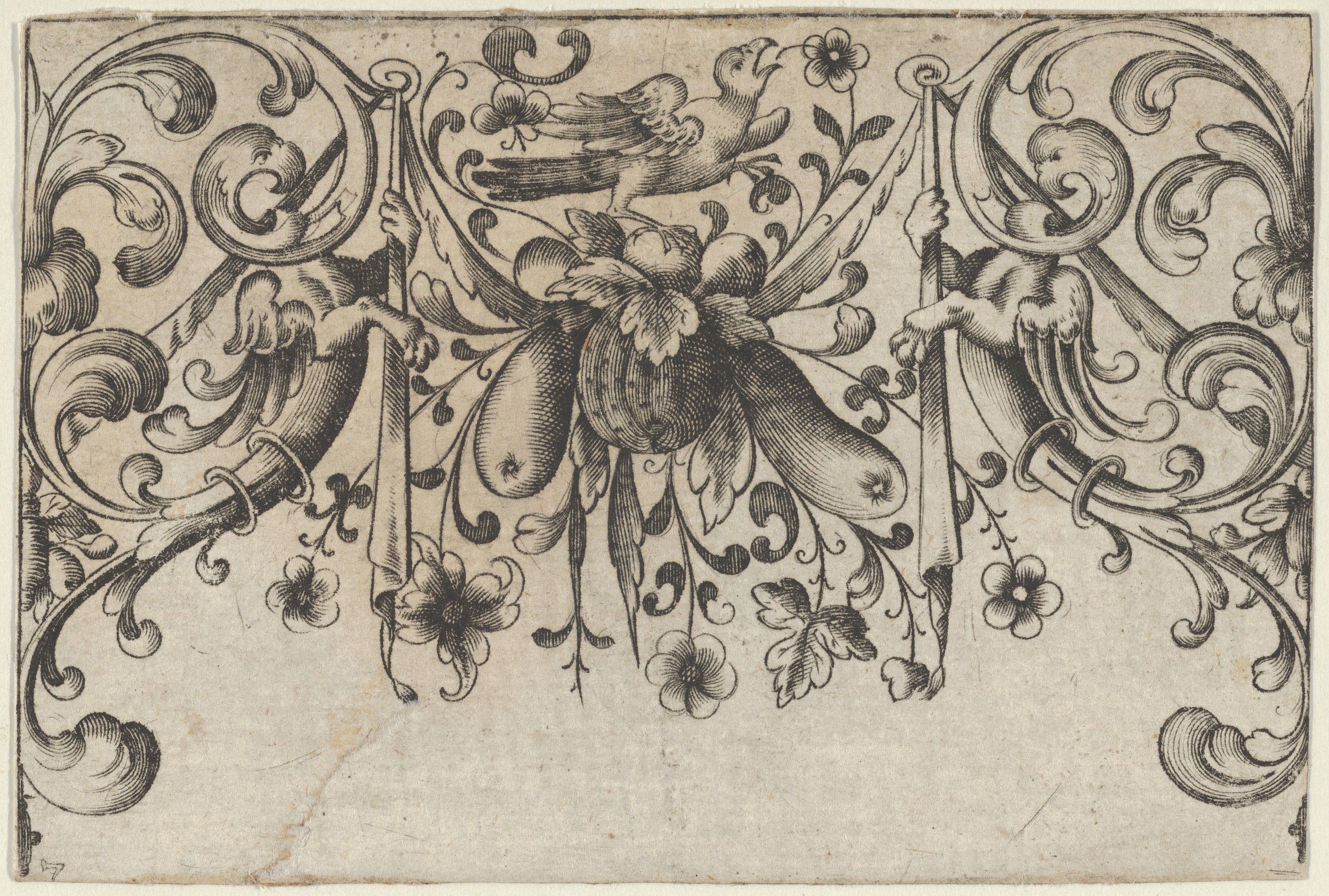 Ornate Scrollwork Engraving With Bird and Fruit