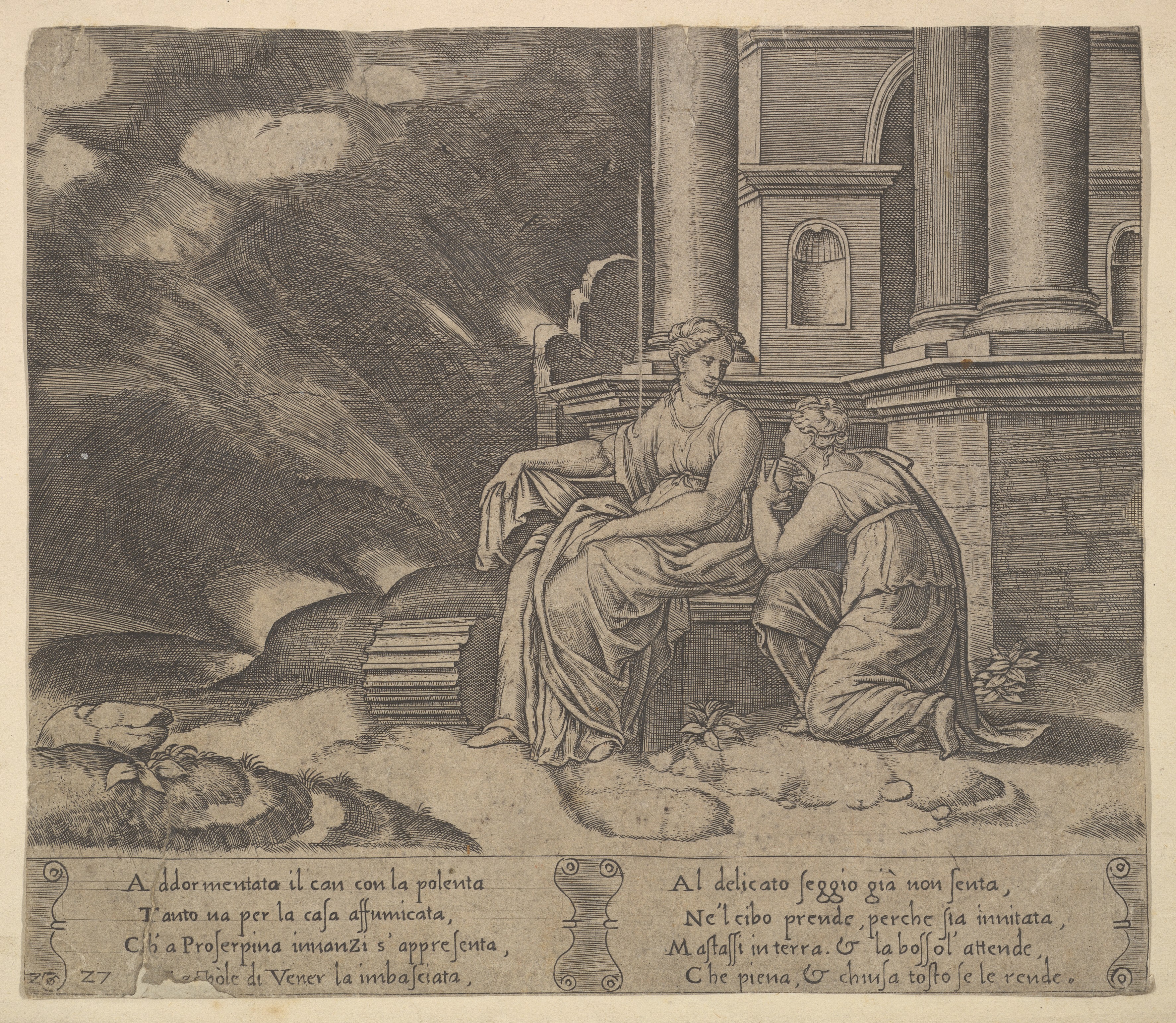 Renaissance Italian Engraving of Two Women