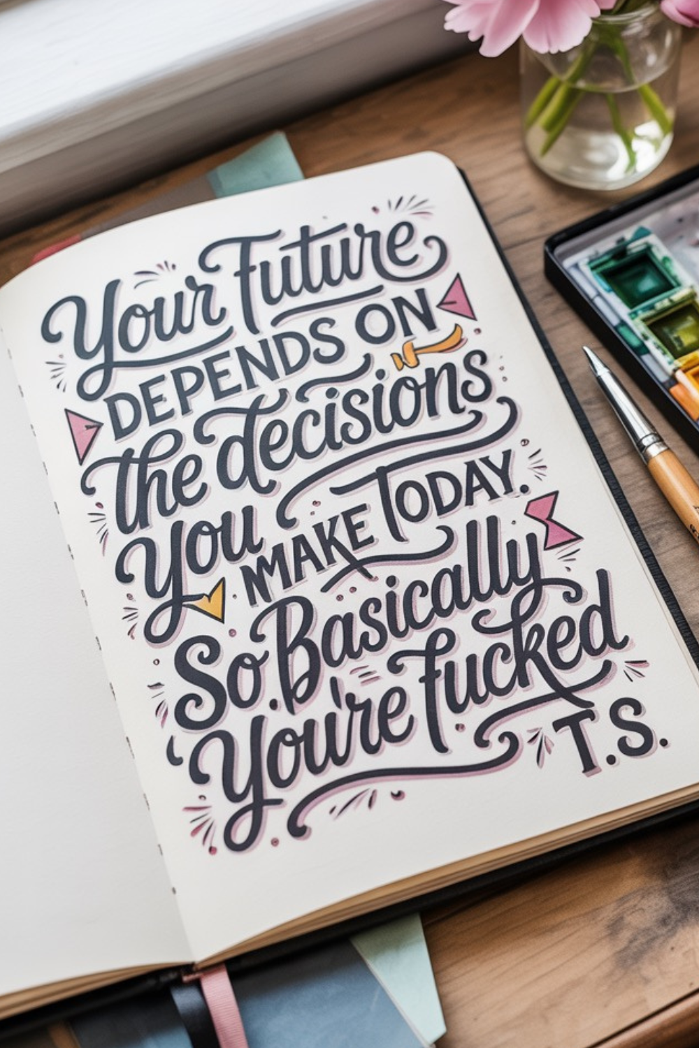 Humorous Hand Lettered Quote in Open Notebook