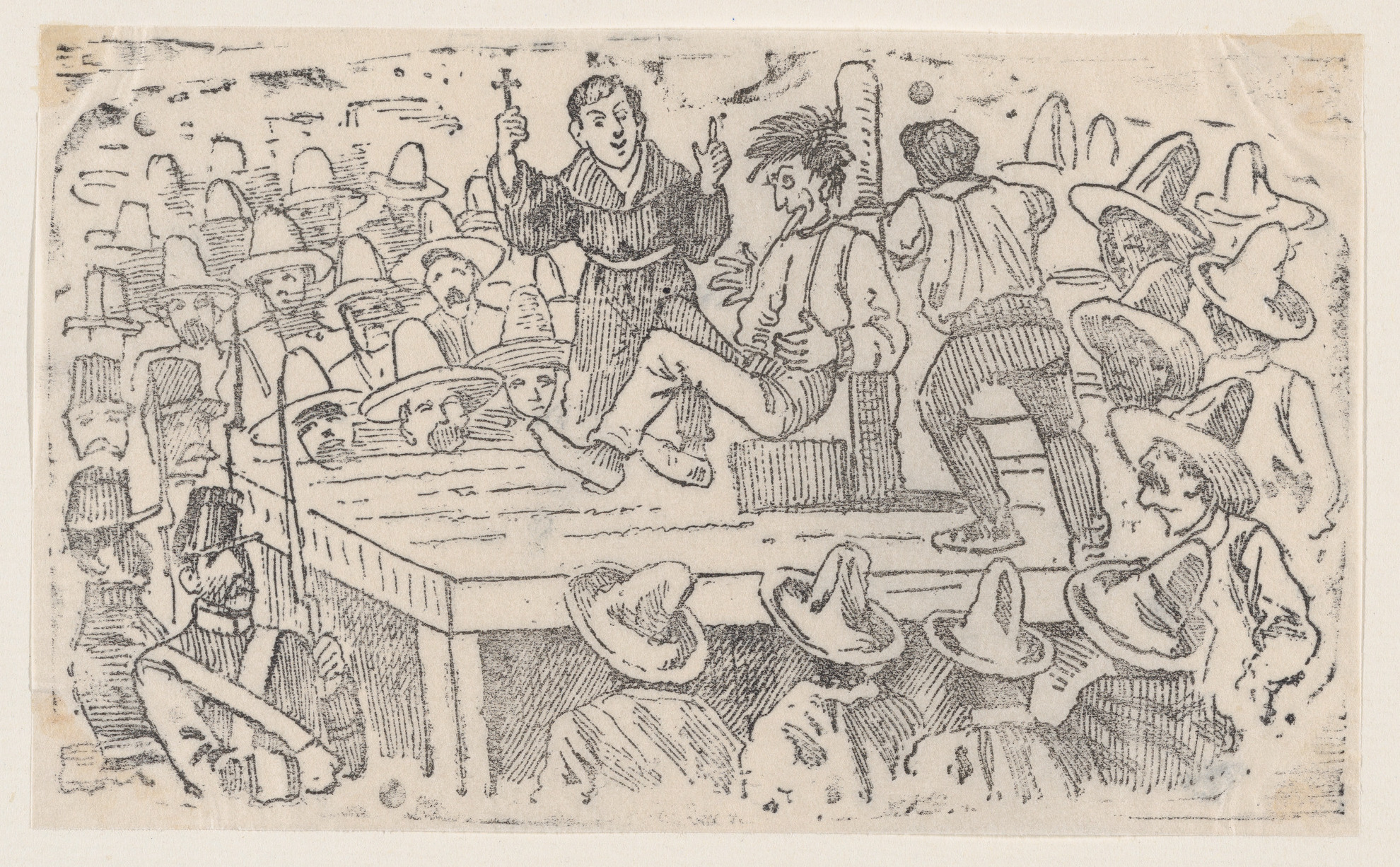 Line Sketch of Priest Preaching to Crowd