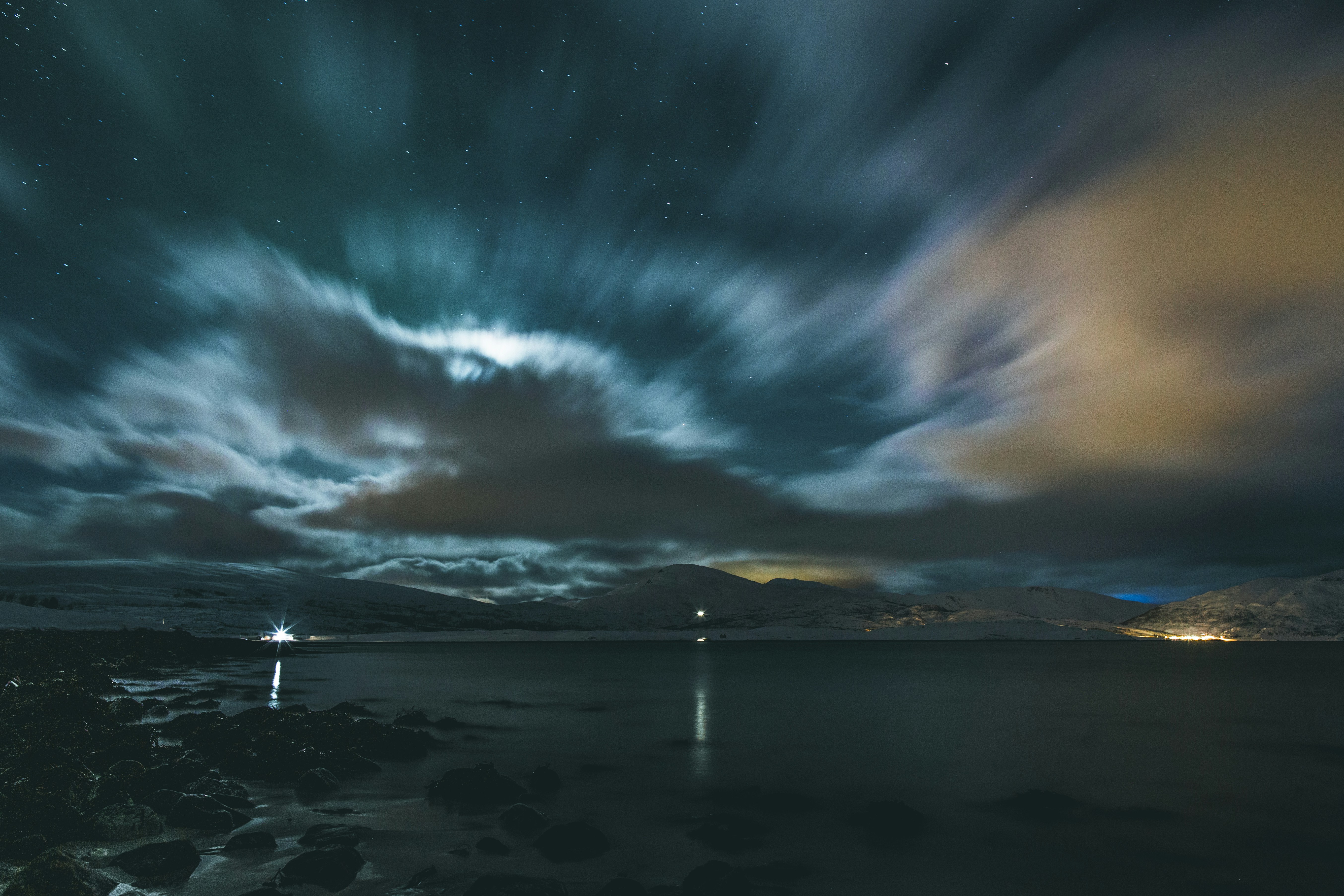 Night Waterfront Snow Mountain View