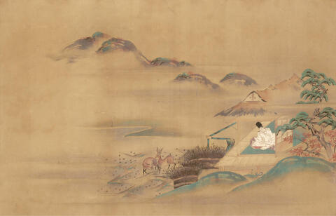 Traditional Landscape Painting with Figure and Deer
