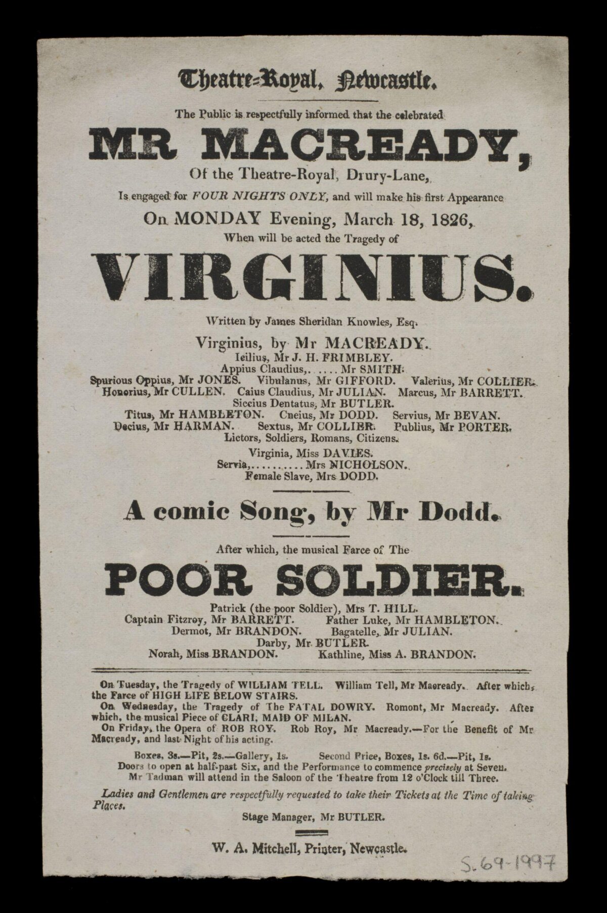 1826 Newcastle Theatre Playbill