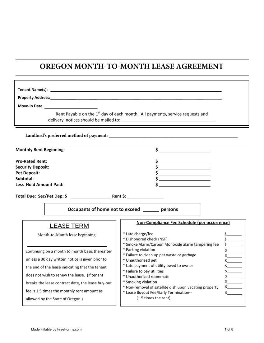 Oregon Month to Month Lease Agreement Template